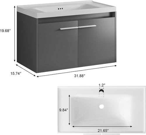 4ever2buy 31" Floating Bathroom Vanity with Sink, Modern Black Bathroom Vanity with LED Light, Wall Mounted Sink Cabinet with 2 Doors, Black