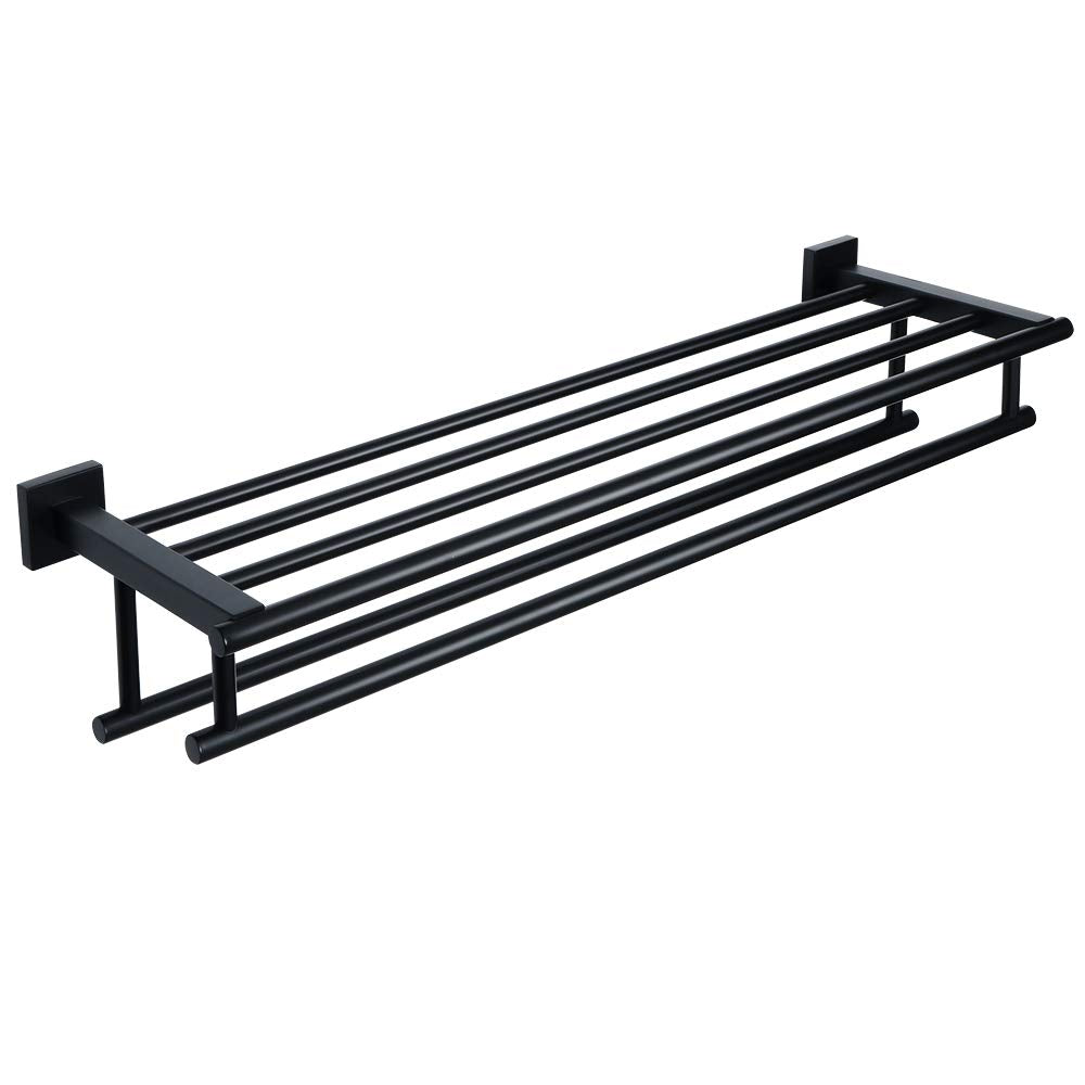 Alise Double Towel Rack for Bathroom Wall Mounted,24 Inch Bathroom Tower Holder Black Towel Rack with Double Towel Bars,SUS304 Stainless Steel Towel Bar Towel Rack with Shelf,Matte Black