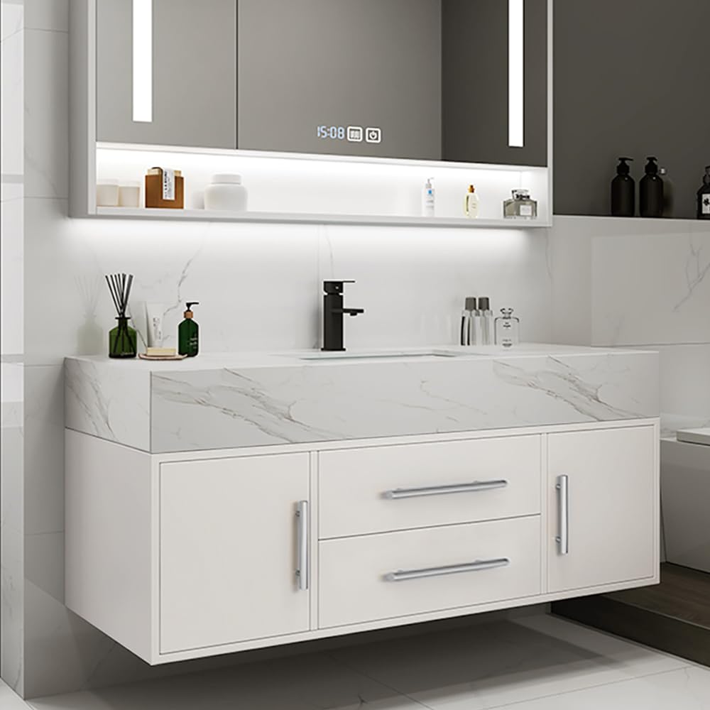 Bathroom Vanity with Sink 39.5" Floating Bathroom Vanity Sintered Stone Modern Bathroom Vanity Set, Walnut (Wall Mounted, Gold Handle)