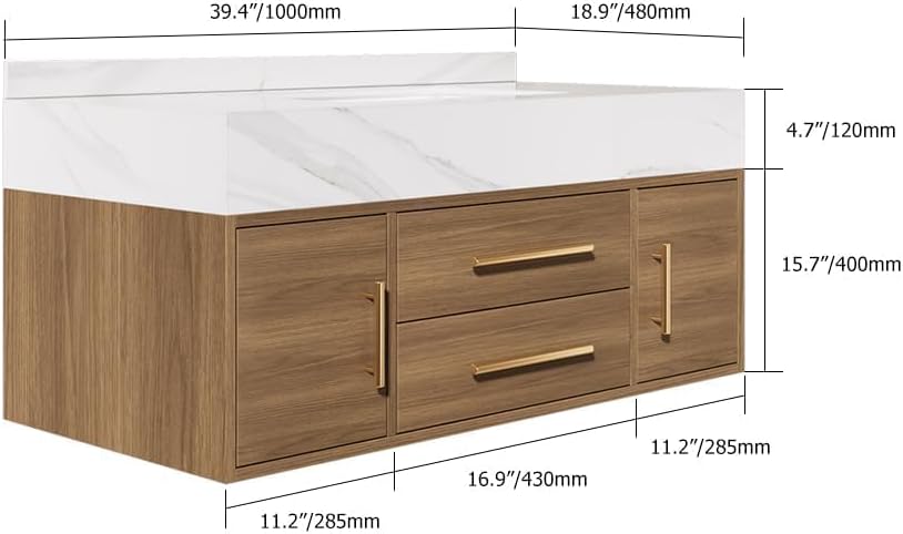 homary 39.4" Bathroom Vanity with Sink-Modern Bathroom Floating Vanity with Sintered Stone Countertop and 2 Drawers 2 Storage Cabinets, Undercounter Ceramic Sink, Walnut