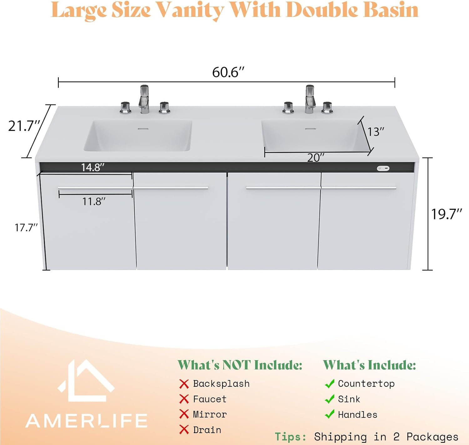 AMERLIFE 60" LED Floating Bathroom Double Vanity with Sink, Modern High Gloss Wall Mounted Bathroom Storage Cabinet with 3 Hole Sink, Metal Handles & Soft Closing Doors, White