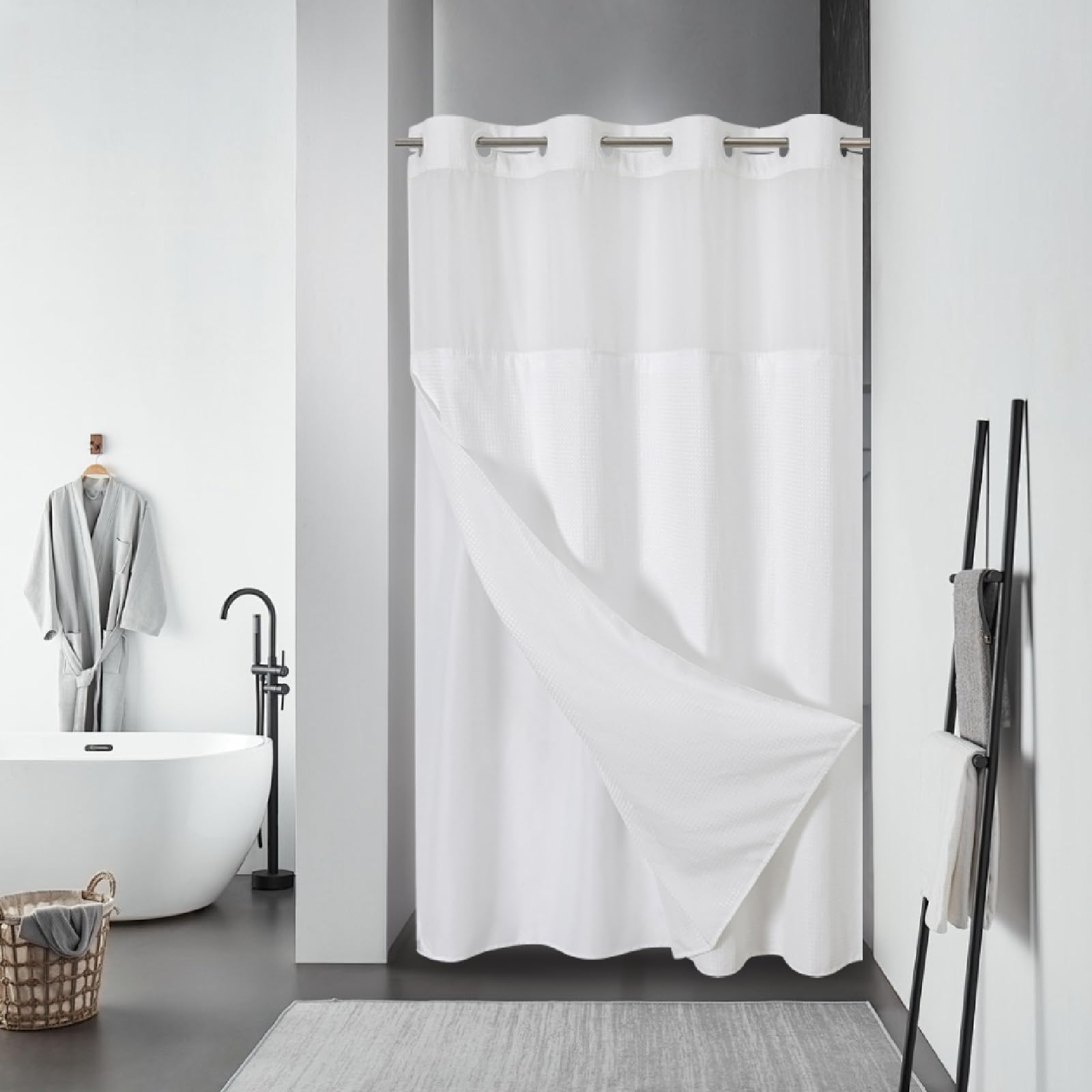eachope BurntOrange Extra Long No Hook Waffle Weave Shower Curtain with snap-in Liner Replacement, 230GSM Waterproof Fabric Hotel Shower Curtain Set for Bathroom, Through Mesh Top Window,71Wx86H