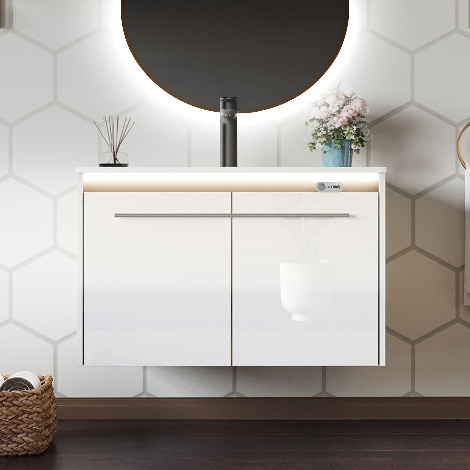 AMERLIFE 60" LED Floating Bathroom Double Vanity with Sink, Modern High Gloss Wall Mounted Bathroom Storage Cabinet with 3 Hole Sink, Metal Handles & Soft Closing Doors, White