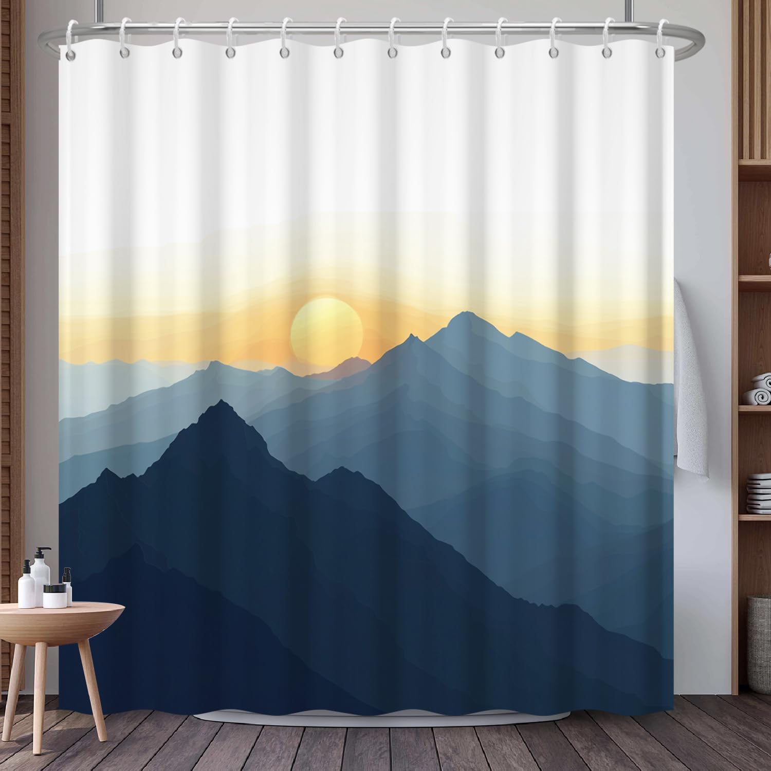 Mountain Landscape Shower Curtain with Hooks, Zen Inspired Design with Birds & Scenic Path, Waterproof Fabric Bath Curtain for Nature Lovers Bathroom Decor, 71x74 Inch