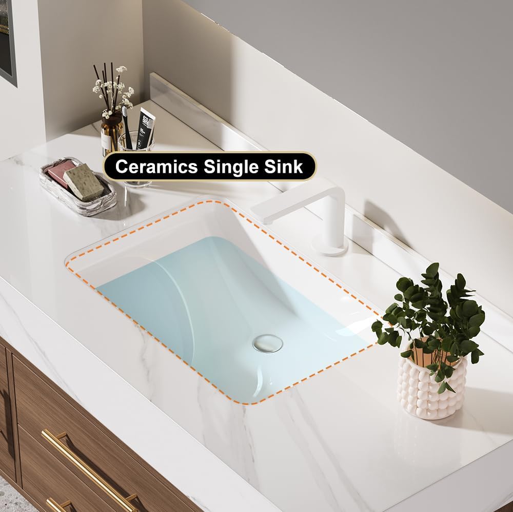 Bathroom Vanity with Sink 39.5" Floating Bathroom Vanity Sintered Stone Modern Bathroom Vanity Set, Walnut (Wall Mounted, Gold Handle)
