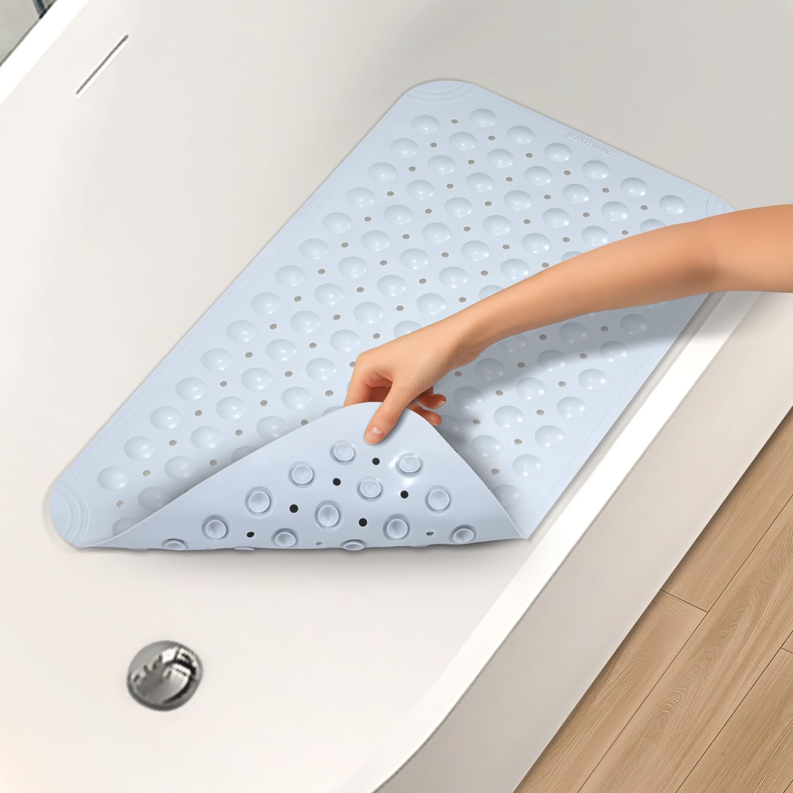 Non Slip Shower Mats for Inside Shower 15 x 27.5 Inch, TPE Bathtub Mat Non-Slip, Bath Mat for Tub with Suction Cups, Drain Holes Bath Tub Mat for Bathroom (Beige)