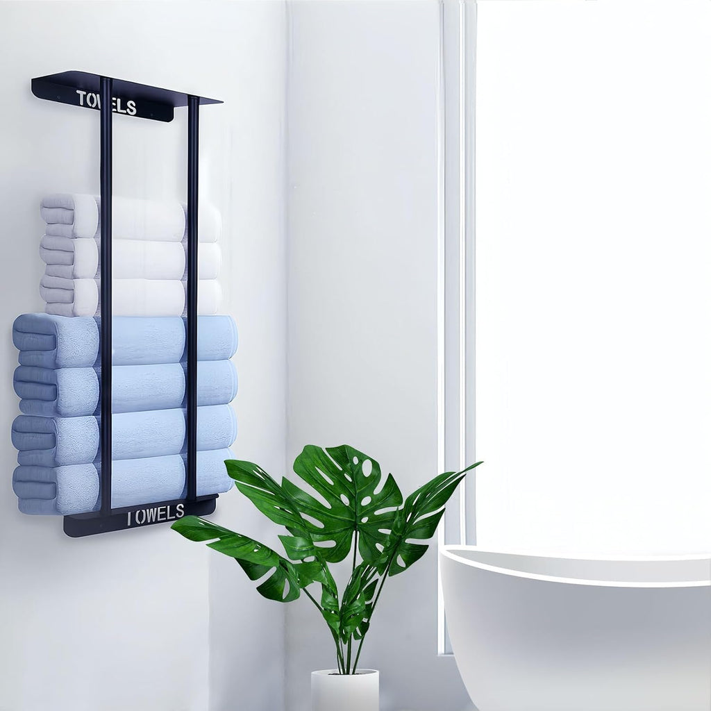 Bathroom Towel Storage Rack,30 Inch Towel Racks for Bathroom Wall Mounted with Shelf Can Holds 8 Large Towels, Metal Wall Towel Rack for Rolled Towels,Folded Towels (Black)