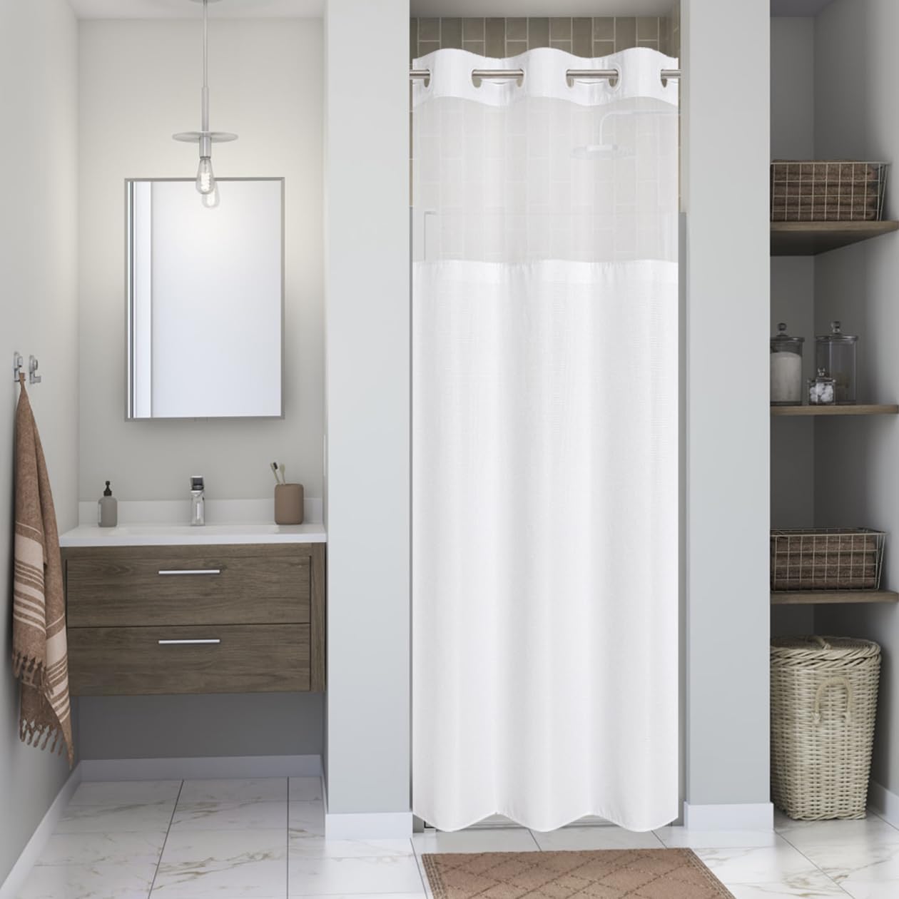 eachope Stall No Hook Shower Curtain with Snap-in Fabric Liner Set,Waffle Weave Shower Curtains for Bathroom,Hotel Luxury Decor Bathroom Curtain Set,Waterproof & Washable,White,54Wx80H