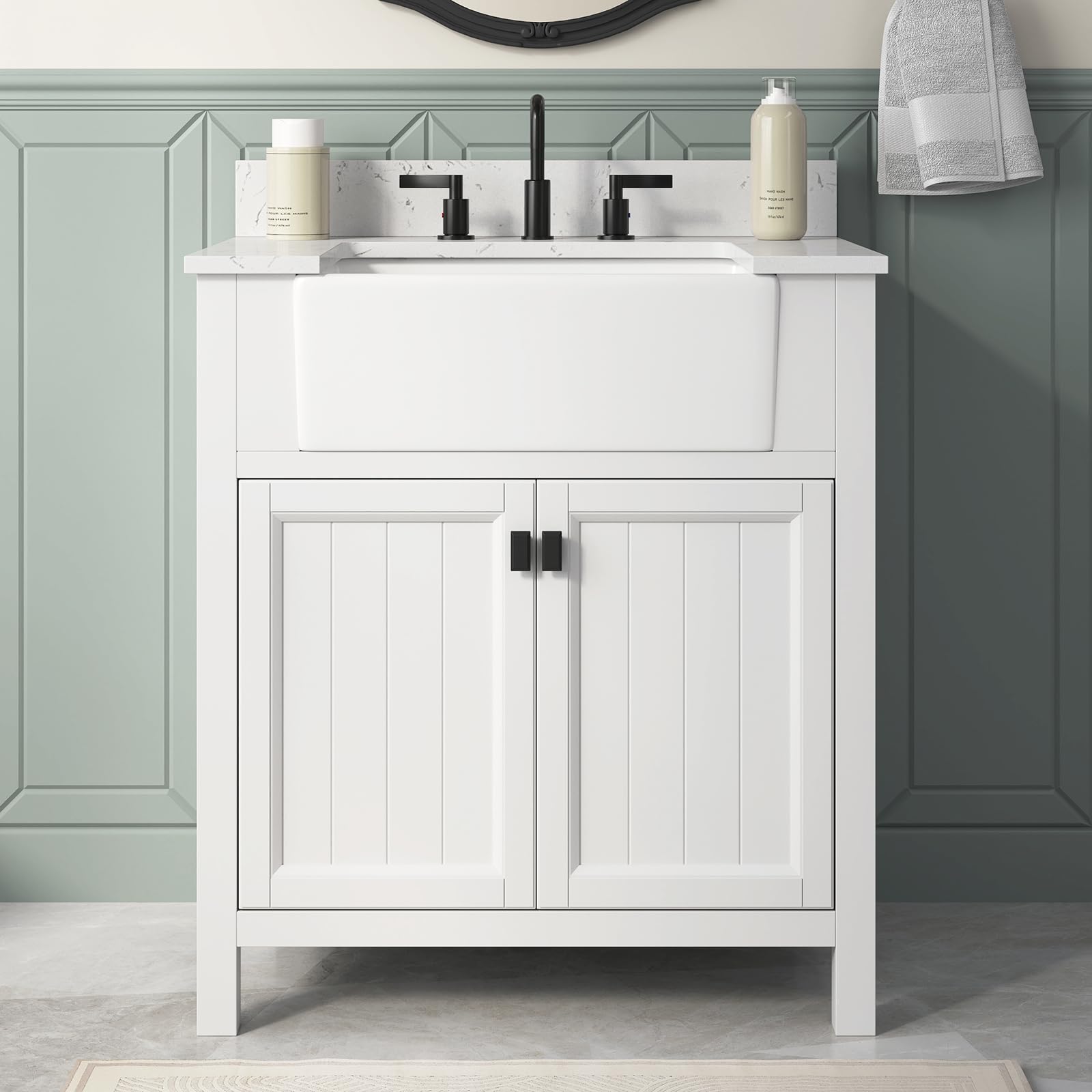 48 Inch Bathroom Vanity with Sink, Modern Steel Blue Bathroom Vanities with Soft Closing Doors & Dovetail Drawers, Quartz Countertop, No Assembly Required