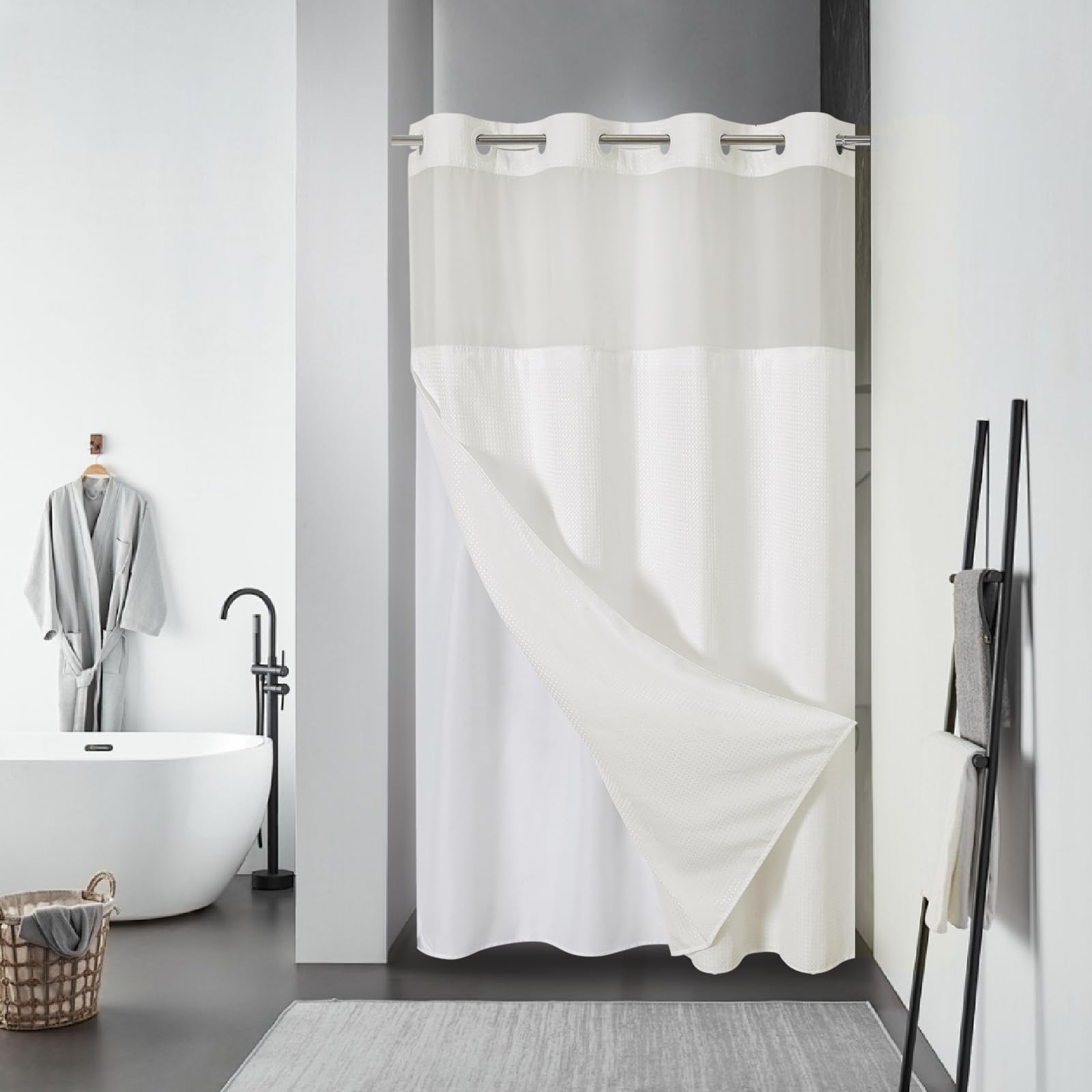 eachope BurntOrange Extra Long No Hook Waffle Weave Shower Curtain with snap-in Liner Replacement, 230GSM Waterproof Fabric Hotel Shower Curtain Set for Bathroom, Through Mesh Top Window,71Wx86H