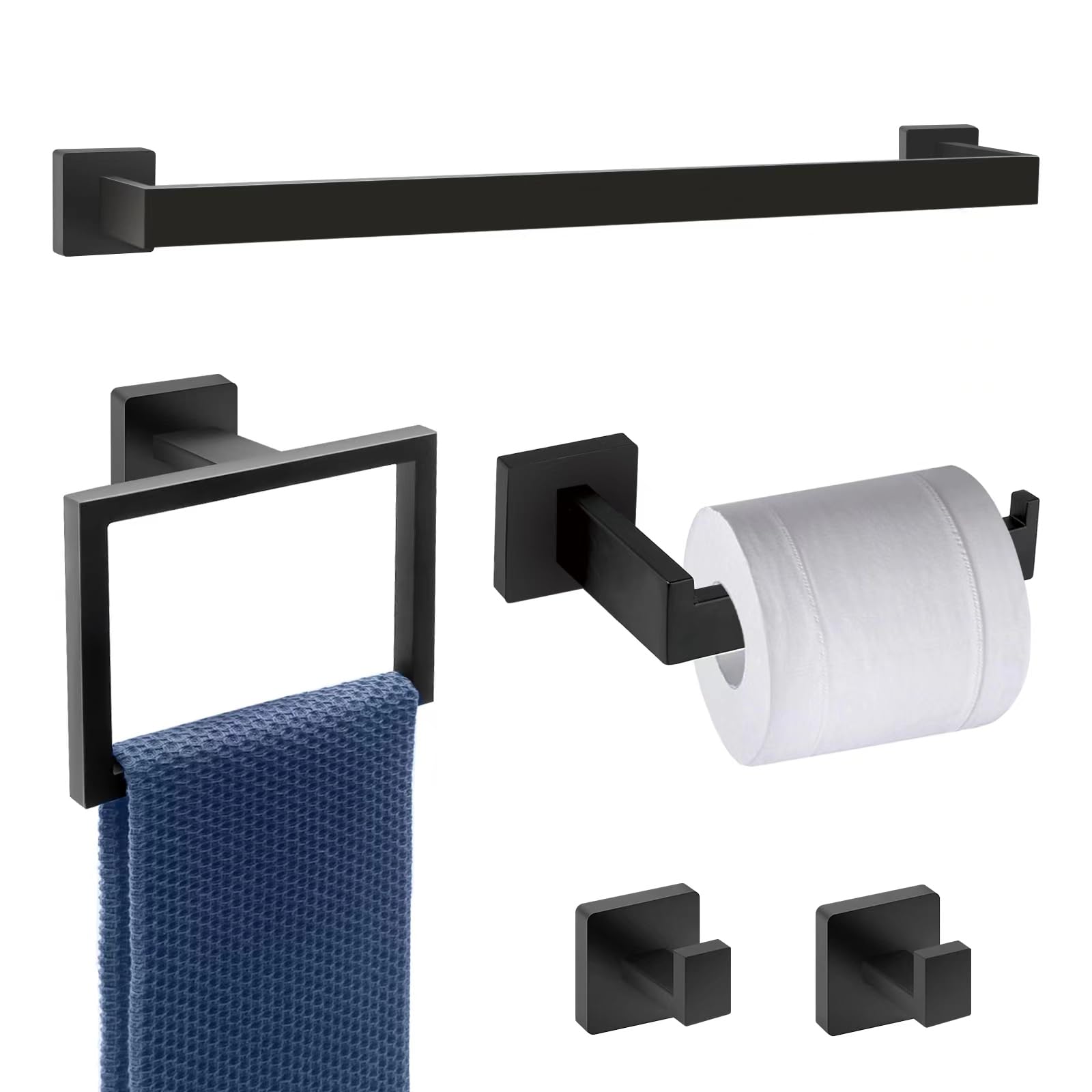 5 Piece Gold Towel Bar Set Bathroom Hardware Set Gold Bathroom Accessories Set with 2 Towel Hook, Stainless Steel Wall Mounted Bathroom Towel Rack Set Square 16-Inch