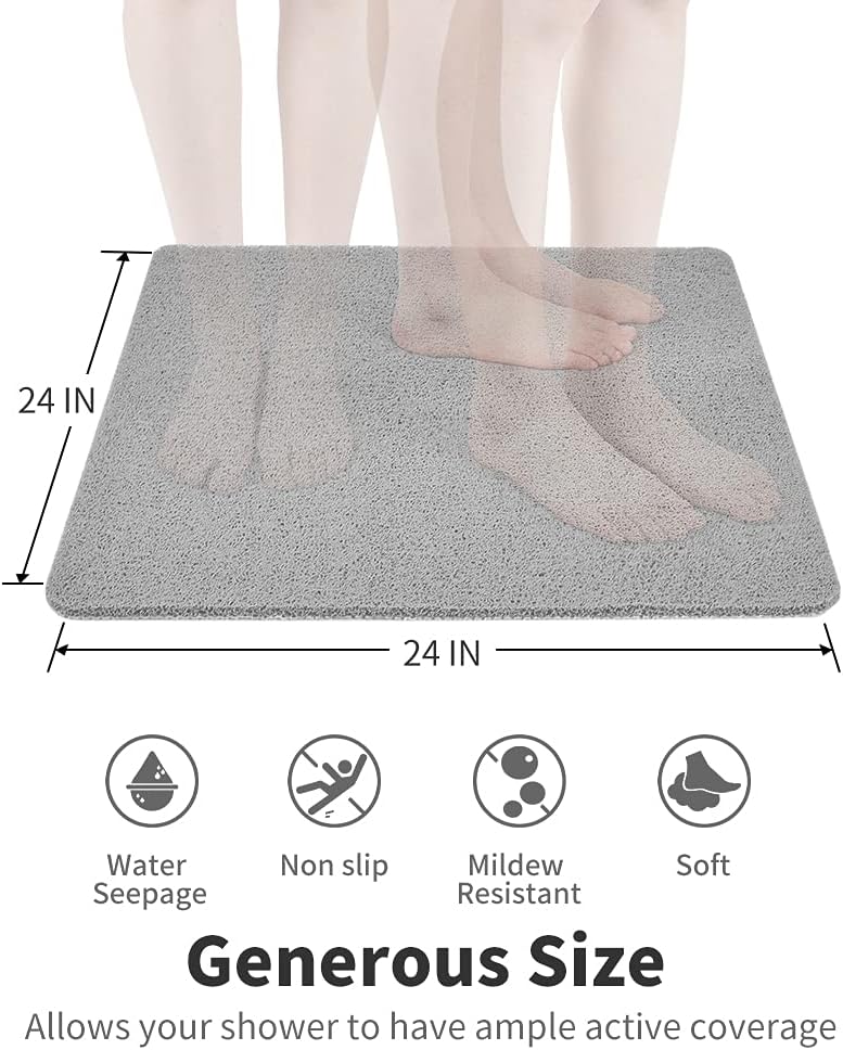Non Slip Shower Mat, Comfortable Bath mat for Textured Surface,Quick Drying Easy Cleaning Shower Floor Mat for Wet Area,Without Suction Cups Grey 24 x 24