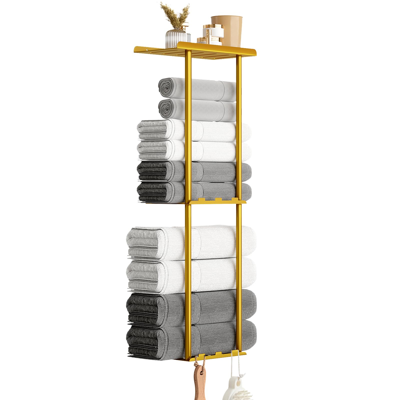 Towel Racks for Bathroom, 36.6 inch Metal Towel Storage, 8 Large Bath Towels Capacity, 3-Tier Towel Holder for Bathroom, with Shelf & 6 Hooks, Wall Mounted Towel Rack for Rolled Towels, Black