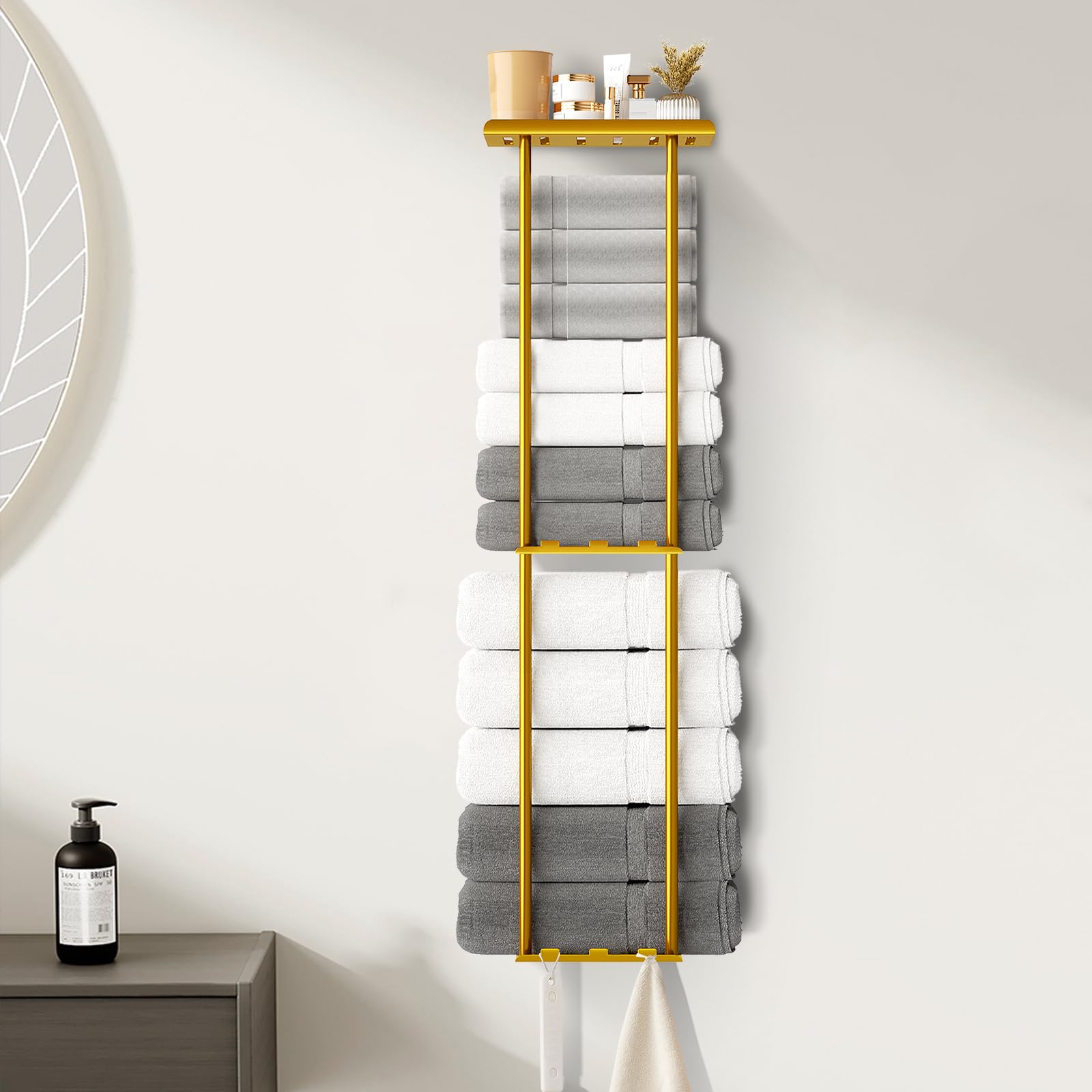Towel Racks for Bathroom, 36.6 inch Metal Towel Storage, 8 Large Bath Towels Capacity, 3-Tier Towel Holder for Bathroom, with Shelf & 6 Hooks, Wall Mounted Towel Rack for Rolled Towels, Black