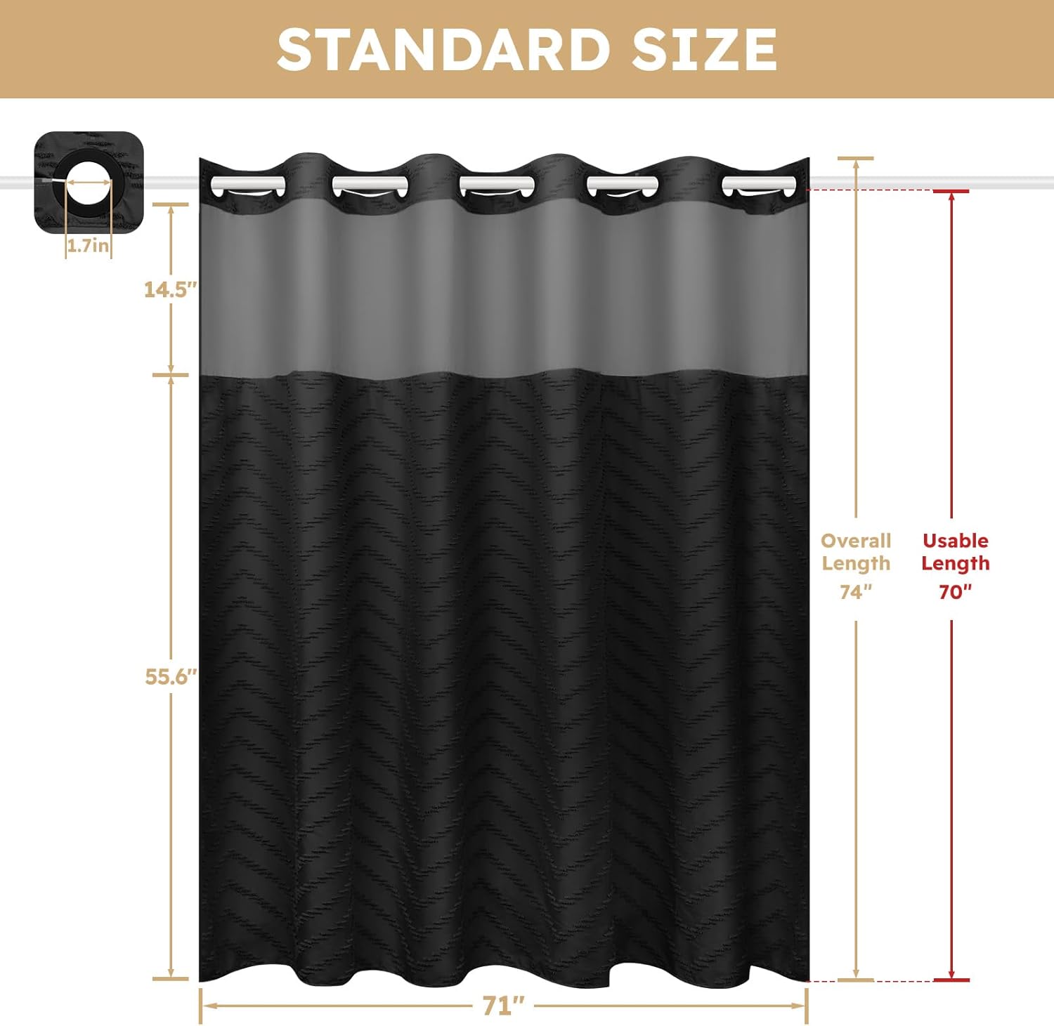 FADOTY No Hook Shower Curtain and Liner Set, Black Snap in Shower Curtain Ringless Chevron Tufted Cloth Waterproof Washable Fabric Bath Curtain with See Through Top Window for Bathroom Hotel 71" x 74"