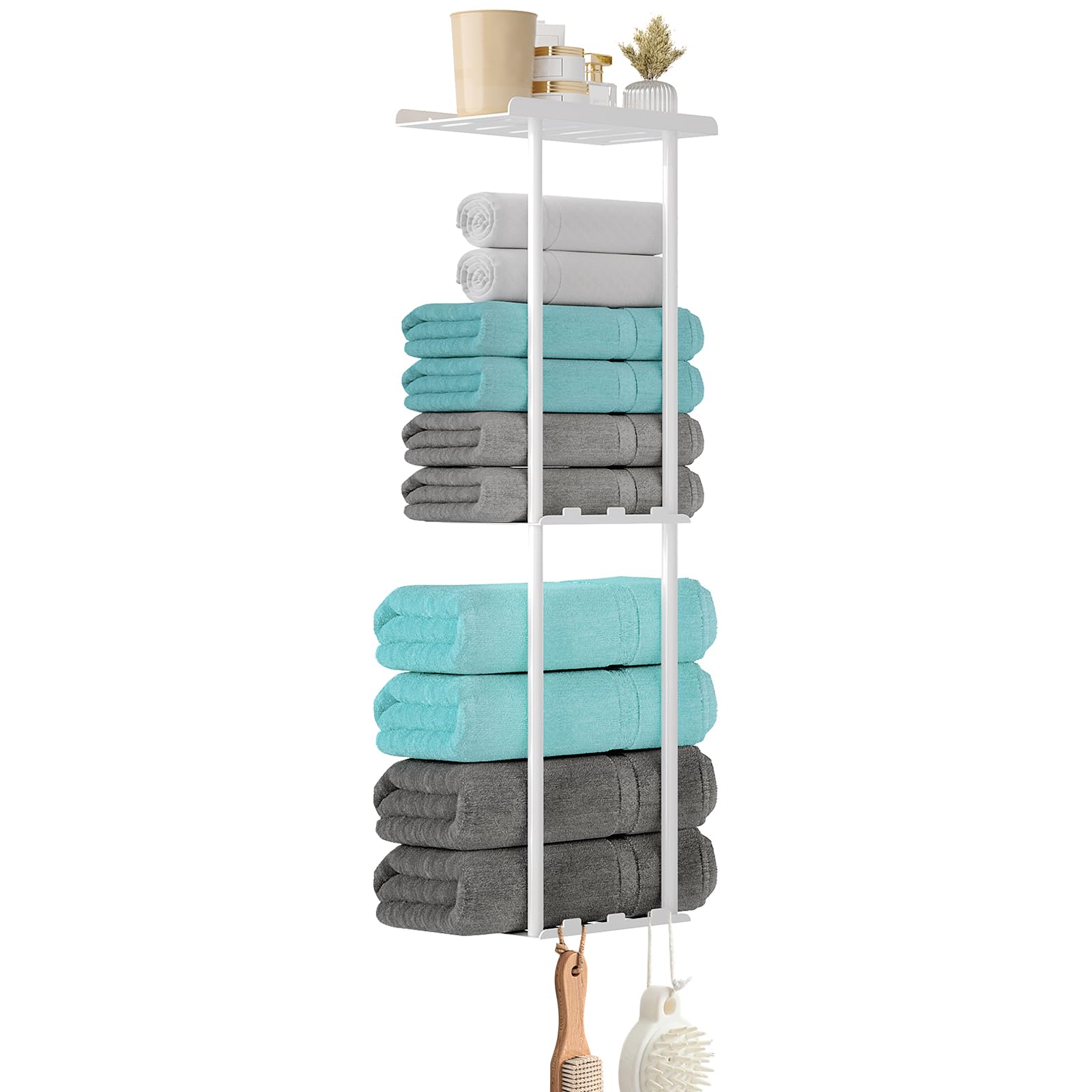 Towel Racks for Bathroom, 36.6 inch Metal Towel Storage, 8 Large Bath Towels Capacity, 3-Tier Towel Holder for Bathroom, with Shelf & 6 Hooks, Wall Mounted Towel Rack for Rolled Towels, Black