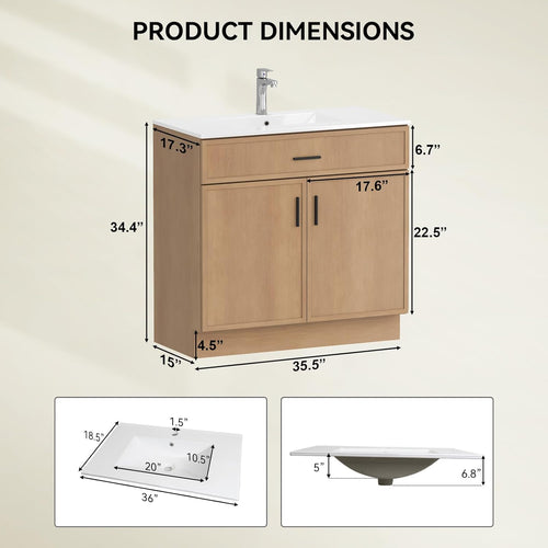 36 Inch Modern Bathroom Vanity with Sink, Natural wood color Freestanding Vanity for Floor Standing Storage and White Ceramic Basin (36")