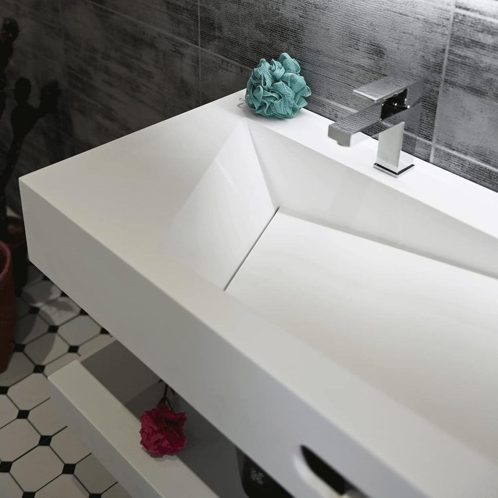 Gesipor 36"x19" Wall Mount Bathroom Vanity with Sink Stone Resin Floating Vanity Sink Rectangular Vessel Sinks for Bathroom White Trough with Shelf Layer (Mirror Not Included)
