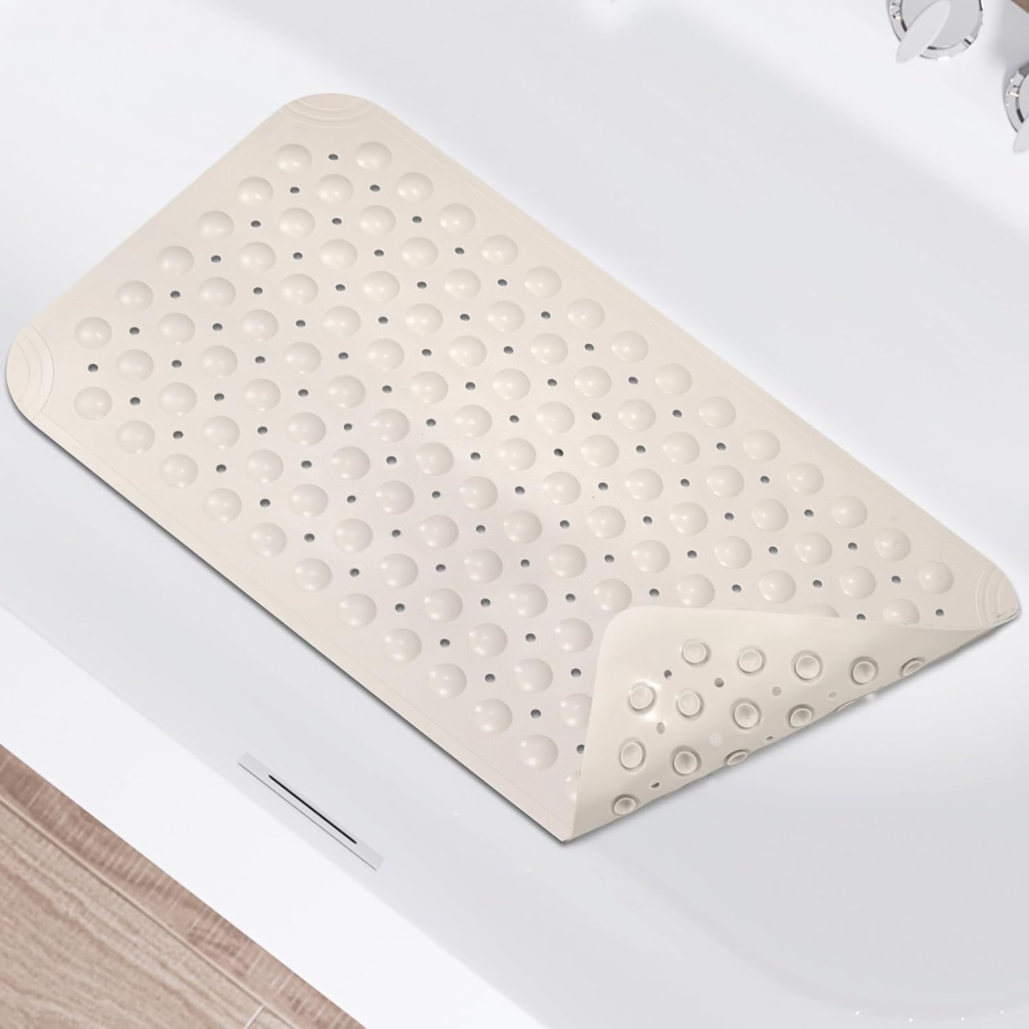 Non Slip Shower Mats for Inside Shower 15 x 27.5 Inch, TPE Bathtub Mat Non-Slip, Bath Mat for Tub with Suction Cups, Drain Holes Bath Tub Mat for Bathroom (Beige)
