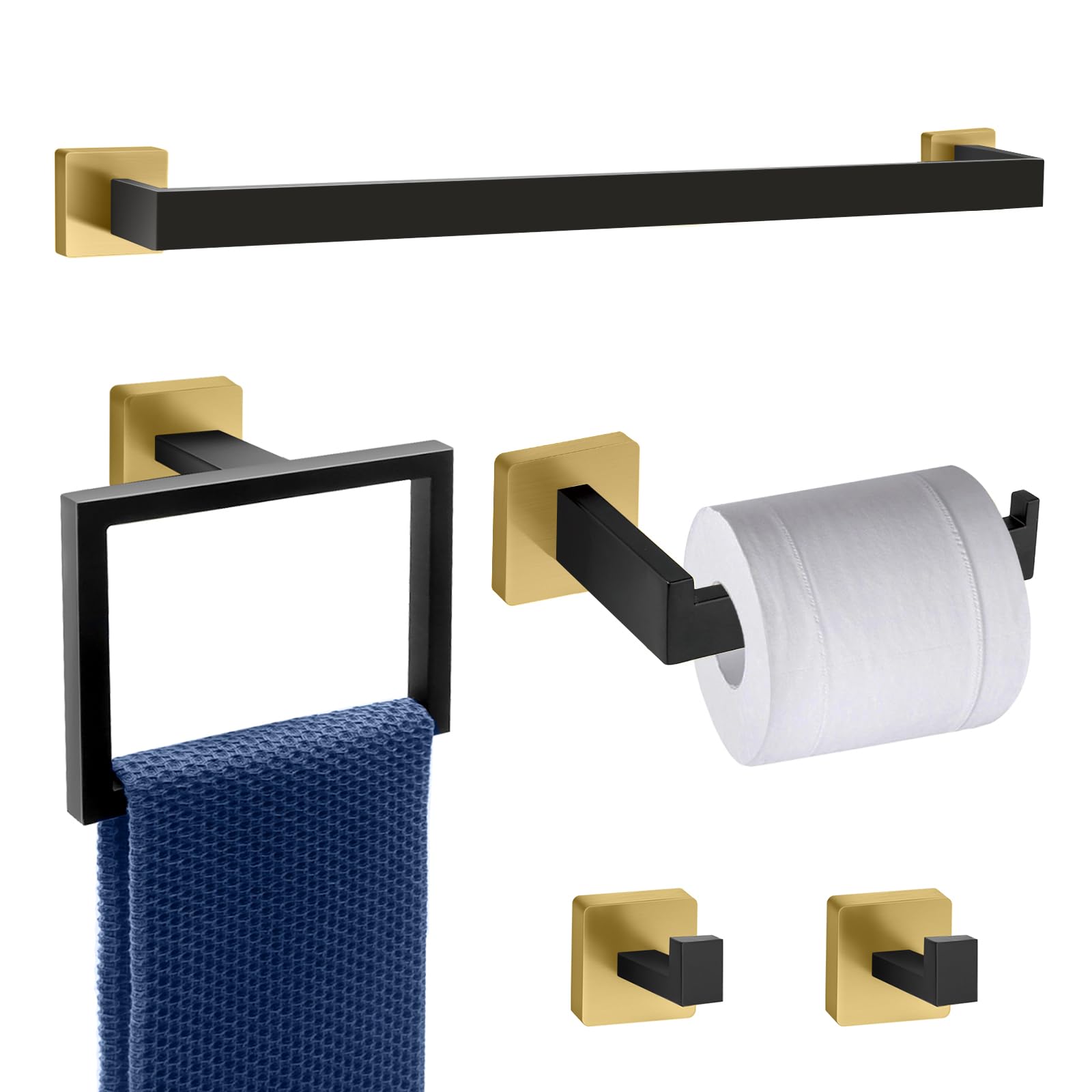 5 Piece Gold Towel Bar Set Bathroom Hardware Set Gold Bathroom Accessories Set with 2 Towel Hook, Stainless Steel Wall Mounted Bathroom Towel Rack Set Square 16-Inch