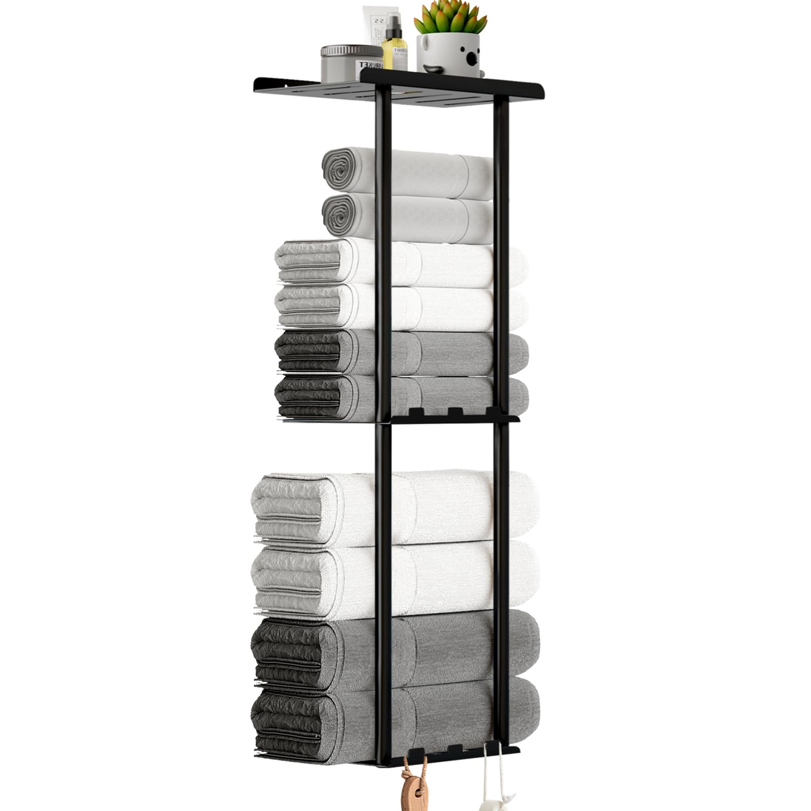 Towel Racks for Bathroom, 36.6 inch Metal Towel Storage, 8 Large Bath Towels Capacity, 3-Tier Towel Holder for Bathroom, with Shelf & 6 Hooks, Wall Mounted Towel Rack for Rolled Towels, Black