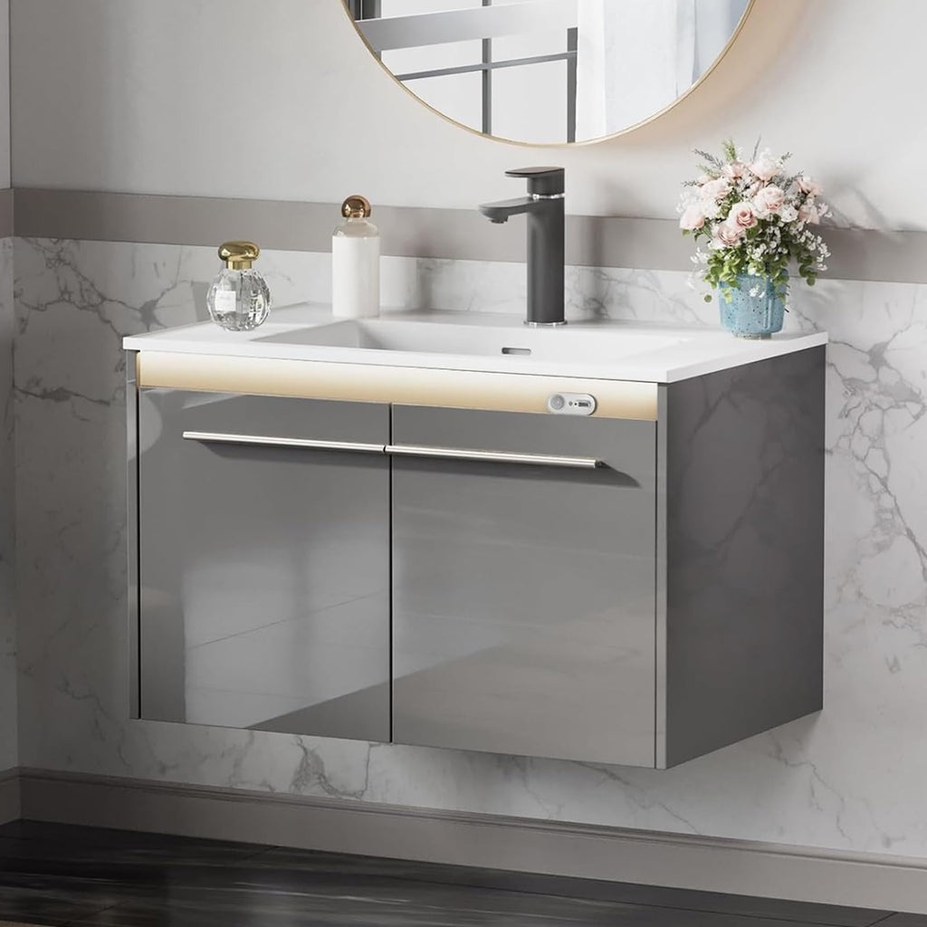 AMERLIFE 60" LED Floating Bathroom Double Vanity with Sink, Modern High Gloss Wall Mounted Bathroom Storage Cabinet with 3 Hole Sink, Metal Handles & Soft Closing Doors, White