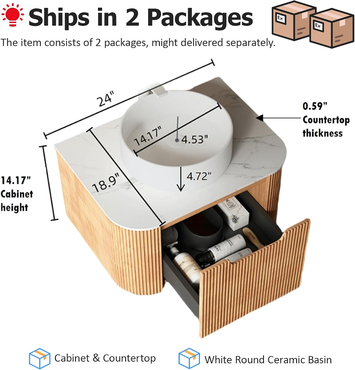 24-Inch Modern Bathroom Vanity with Sink, Floating Cabinet with Ultra-Thin Ceramic Basin and Marble Top, Extra Large Storage Drawer, Soft-Close Design, Nature Wood