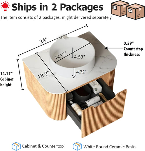 24-Inch Modern Bathroom Vanity with Sink, Floating Cabinet with Ultra-Thin Ceramic Basin and Marble Top, Extra Large Storage Drawer, Soft-Close Design, Nature Wood