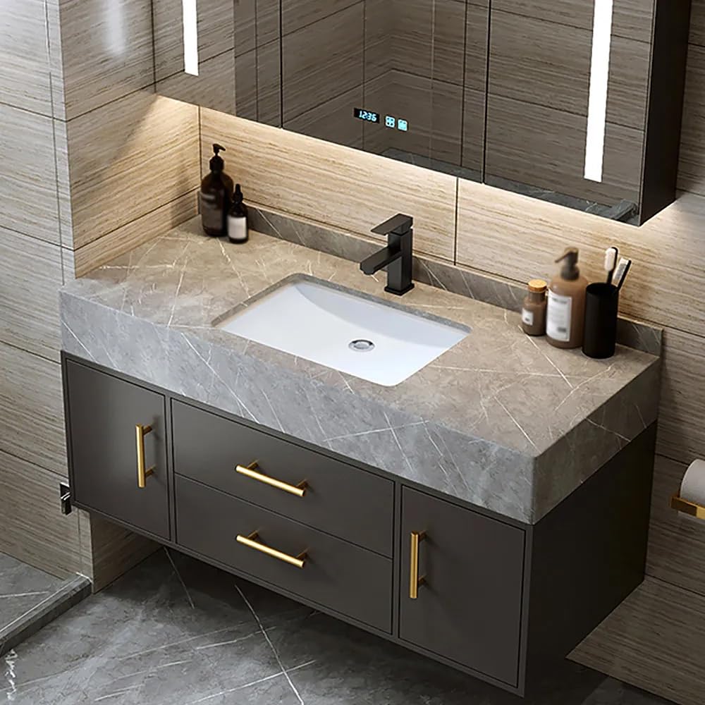 Bathroom Vanity with Sink 39.5" Floating Bathroom Vanity Sintered Stone Modern Bathroom Vanity Set, Walnut (Wall Mounted, Gold Handle)
