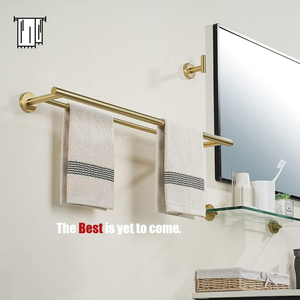 JQK Double Towel Bar 27 Inch, Brass Gold Useable Length 24 Inch 304 Stainless Steel Thicken 0.8mm Bath Towel Rack for Bathroom, Towel Holder Wall Mount, TB100L24-BG