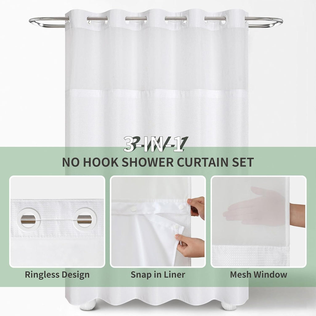 eachope Stall No Hook Shower Curtain with Snap-in Fabric Liner Set,Waffle Weave Shower Curtains for Bathroom,Hotel Luxury Decor Bathroom Curtain Set,Waterproof & Washable,White,54Wx80H