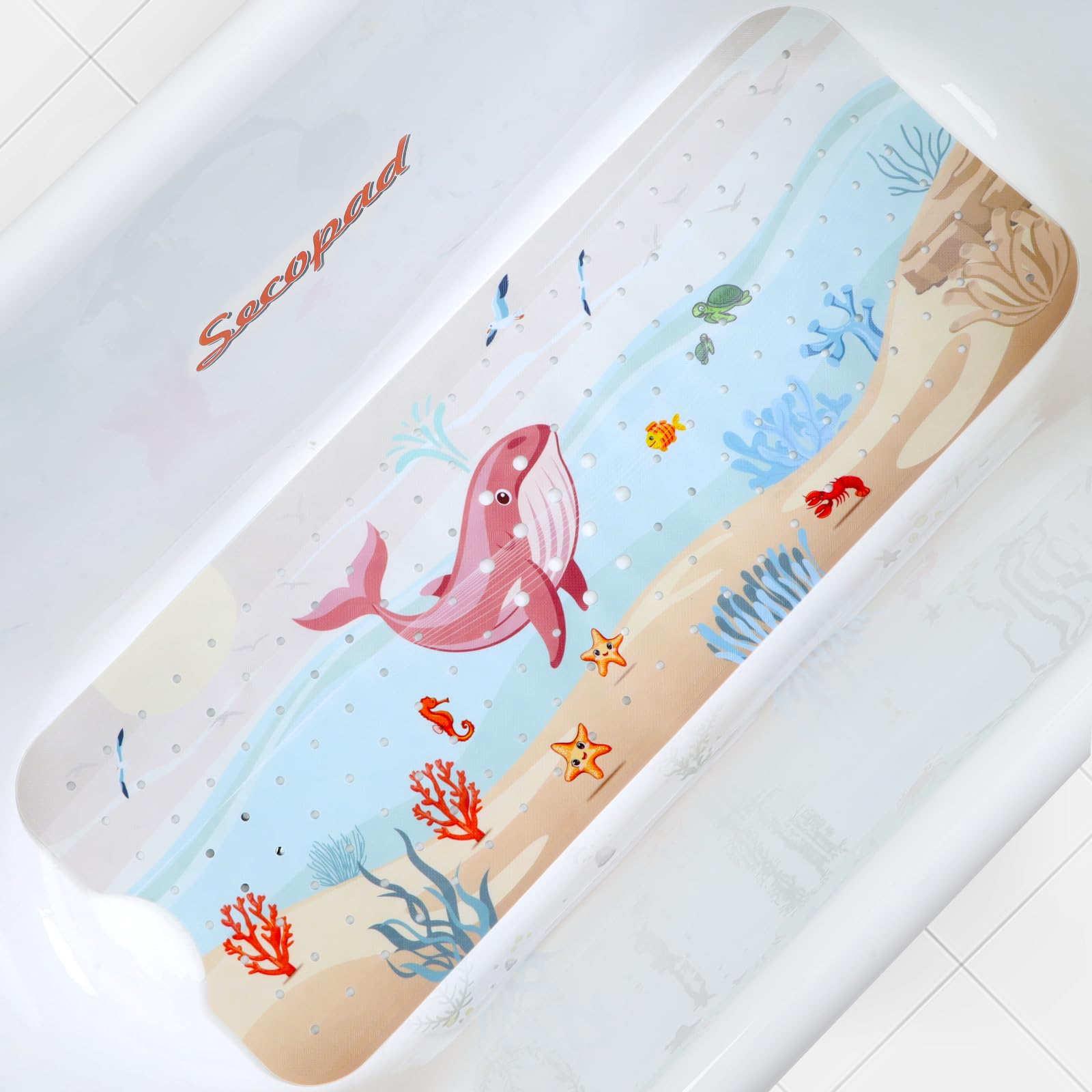 Secopad Bath Mat for Tub Non Slip, Machine Washable Anti-Slip Cartoon Baby Bathtub Shower Mat with Drain Holes and Suction Cups for Toddler & Kids (40 Inch x 16 Inch-Rectangular, Turtles)