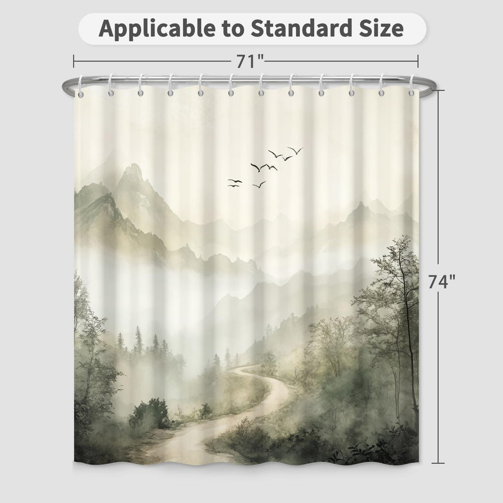 Mountain Landscape Shower Curtain with Hooks, Zen Inspired Design with Birds & Scenic Path, Waterproof Fabric Bath Curtain for Nature Lovers Bathroom Decor, 71x74 Inch