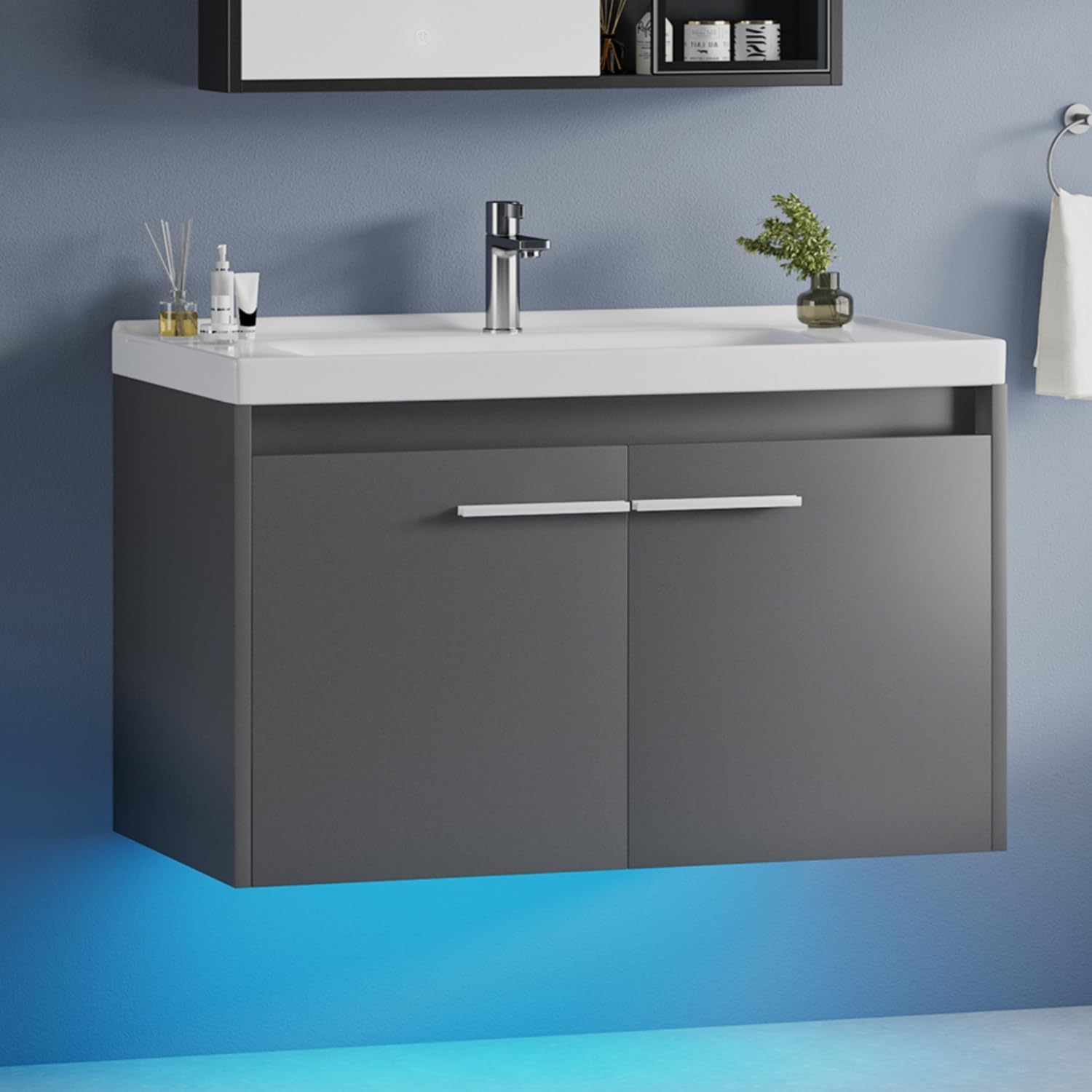 4ever2buy 31" Floating Bathroom Vanity with Sink, Modern Black Bathroom Vanity with LED Light, Wall Mounted Sink Cabinet with 2 Doors, Black
