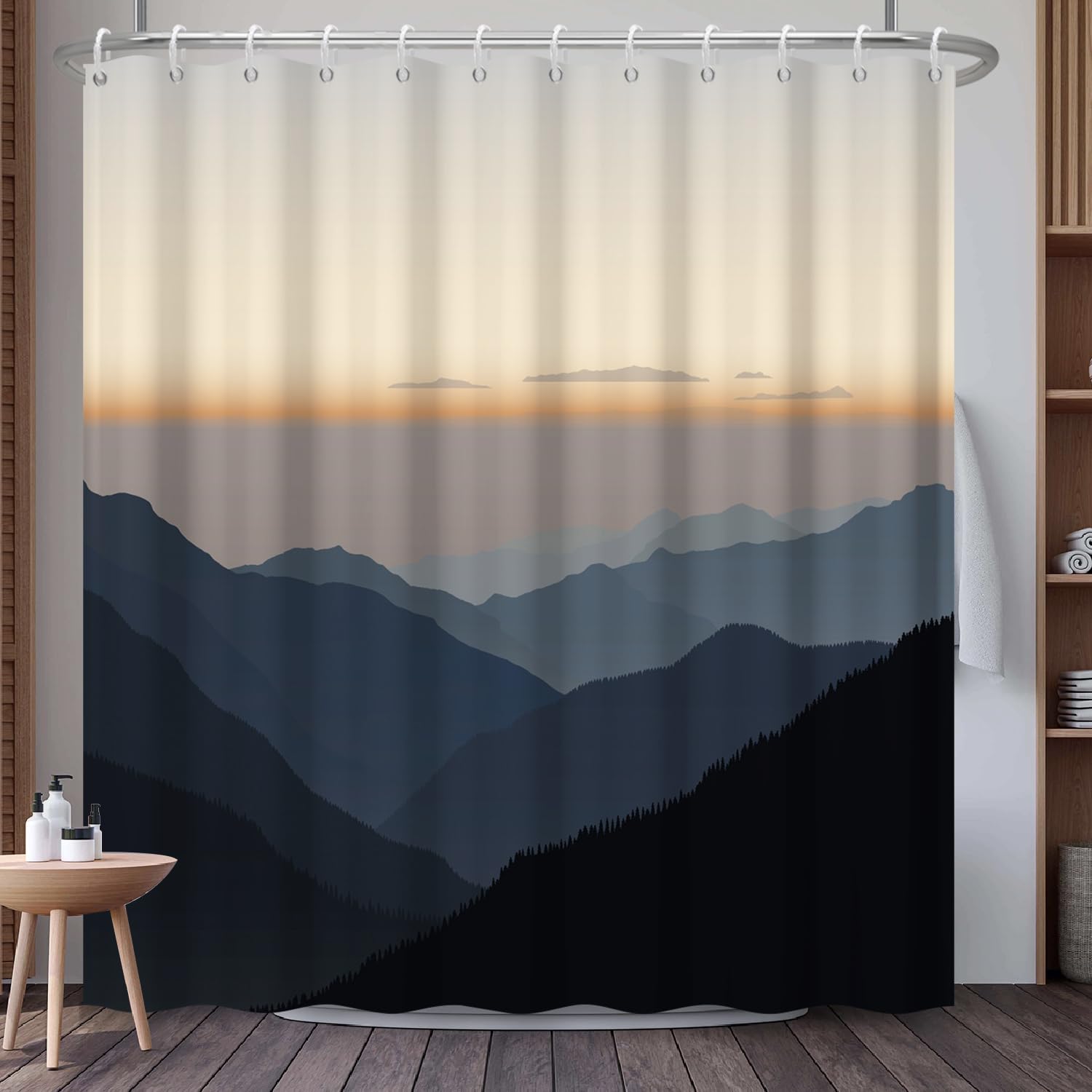 Mountain Landscape Shower Curtain with Hooks, Zen Inspired Design with Birds & Scenic Path, Waterproof Fabric Bath Curtain for Nature Lovers Bathroom Decor, 71x74 Inch