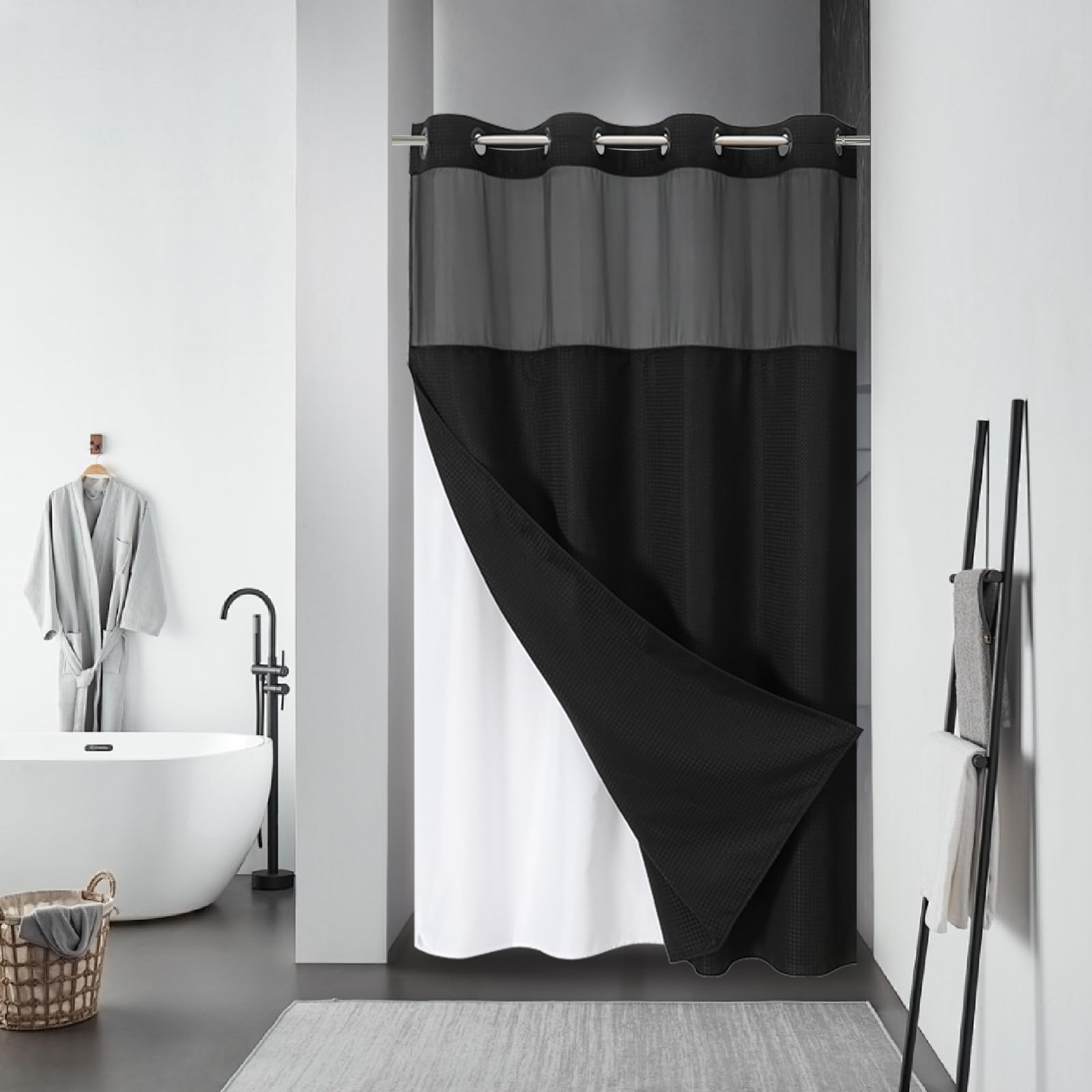 eachope BurntOrange Extra Long No Hook Waffle Weave Shower Curtain with snap-in Liner Replacement, 230GSM Waterproof Fabric Hotel Shower Curtain Set for Bathroom, Through Mesh Top Window,71Wx86H