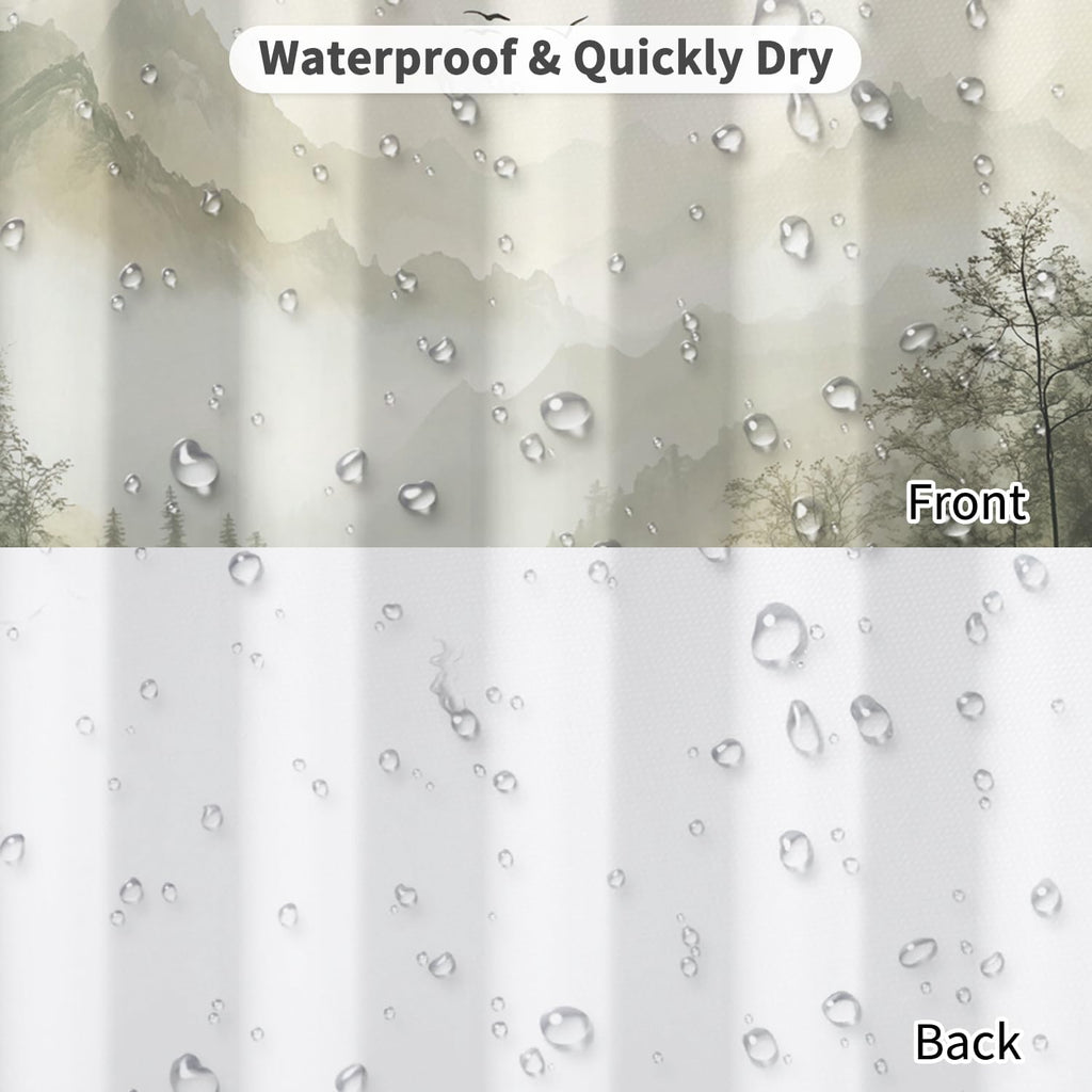 Mountain Landscape Shower Curtain with Hooks, Zen Inspired Design with Birds & Scenic Path, Waterproof Fabric Bath Curtain for Nature Lovers Bathroom Decor, 71x74 Inch