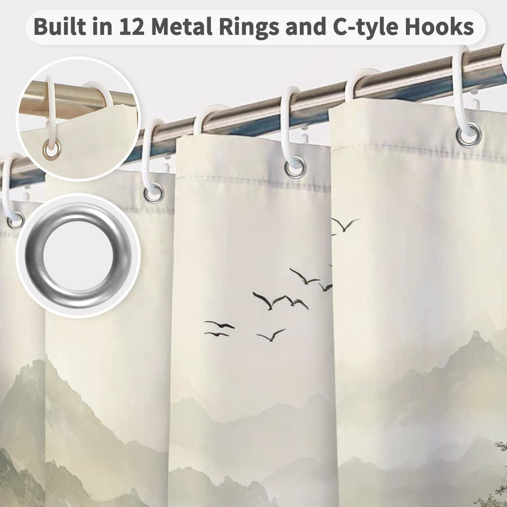 Mountain Landscape Shower Curtain with Hooks, Zen Inspired Design with Birds & Scenic Path, Waterproof Fabric Bath Curtain for Nature Lovers Bathroom Decor, 71x74 Inch