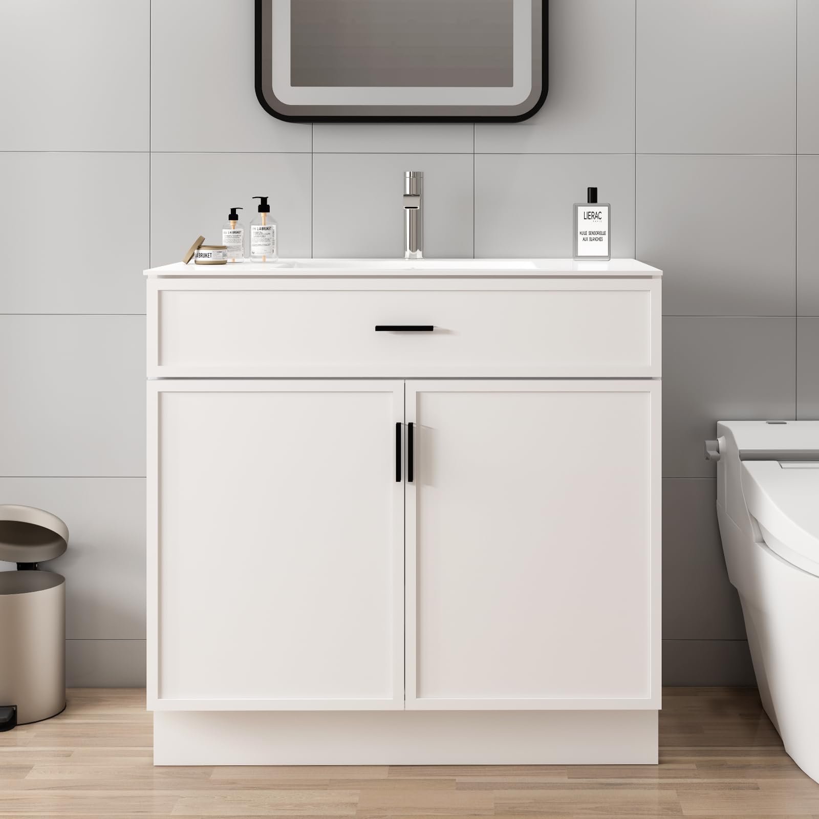 36 Inch Modern Bathroom Vanity with Sink, Natural wood color Freestanding Vanity for Floor Standing Storage and White Ceramic Basin (36")