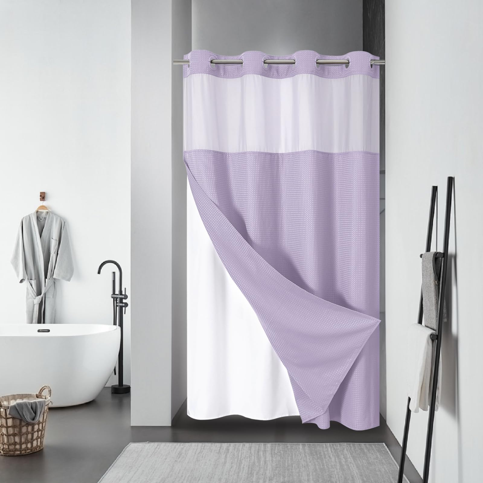 eachope BurntOrange Extra Long No Hook Waffle Weave Shower Curtain with snap-in Liner Replacement, 230GSM Waterproof Fabric Hotel Shower Curtain Set for Bathroom, Through Mesh Top Window,71Wx86H