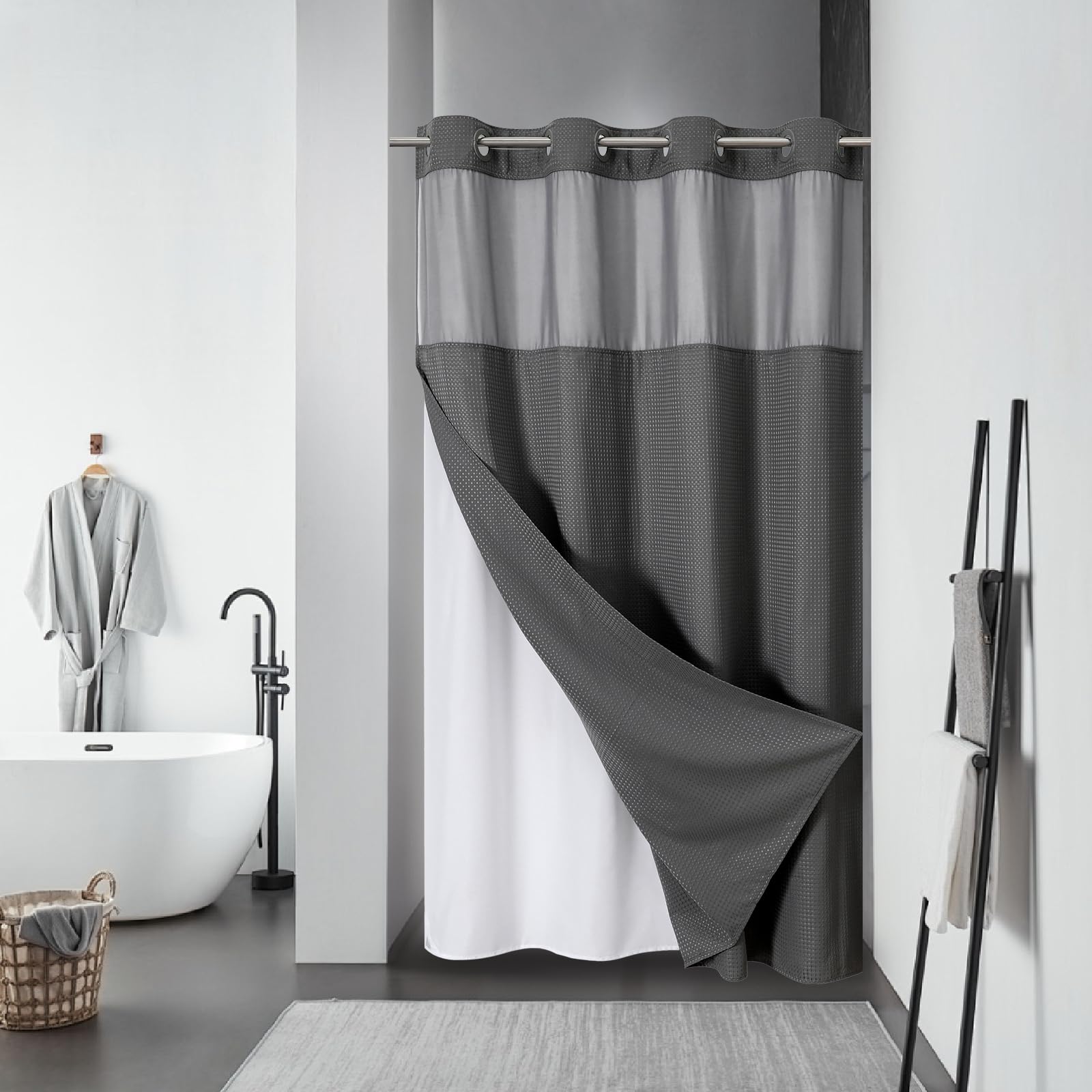 eachope BurntOrange Extra Long No Hook Waffle Weave Shower Curtain with snap-in Liner Replacement, 230GSM Waterproof Fabric Hotel Shower Curtain Set for Bathroom, Through Mesh Top Window,71Wx86H