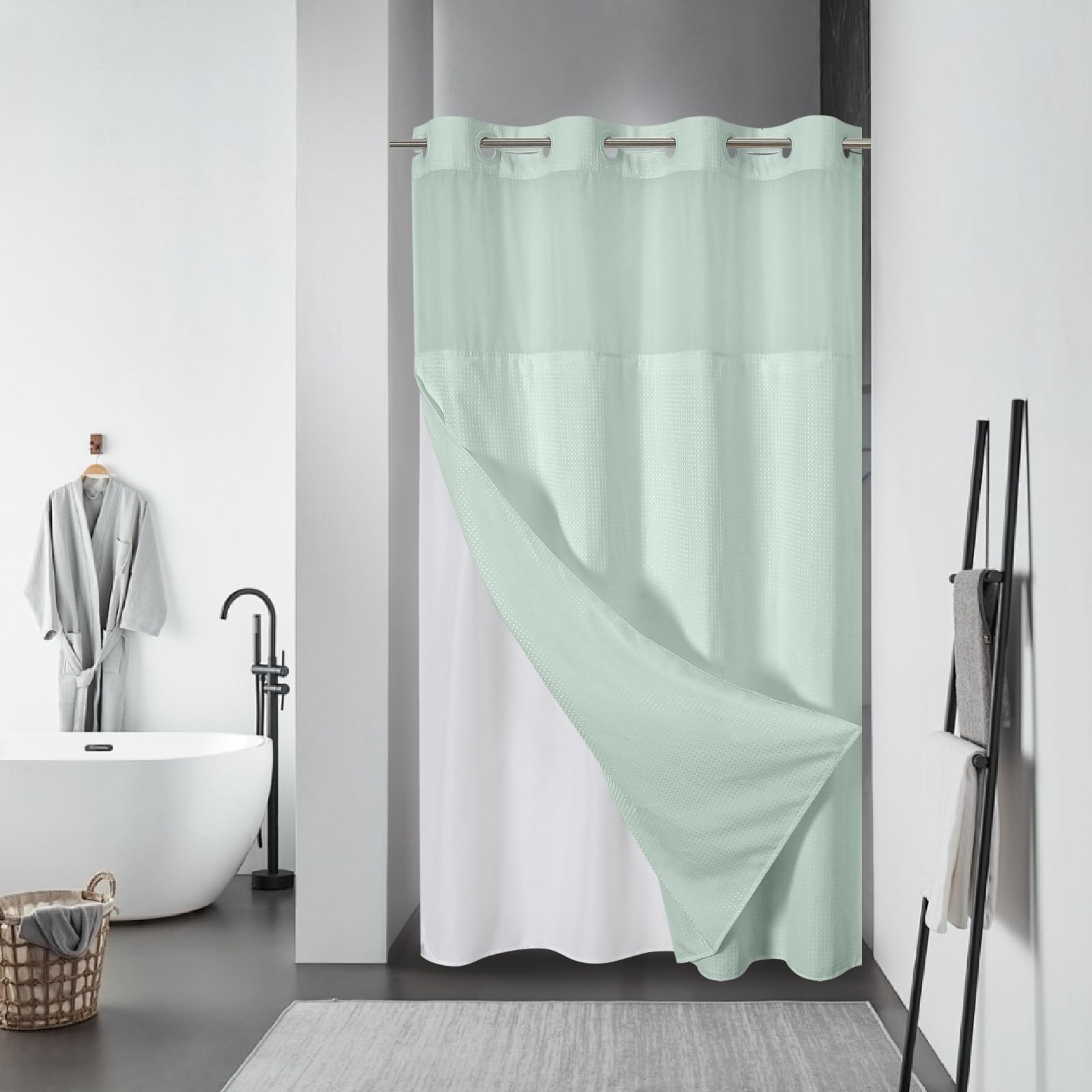 eachope BurntOrange Extra Long No Hook Waffle Weave Shower Curtain with snap-in Liner Replacement, 230GSM Waterproof Fabric Hotel Shower Curtain Set for Bathroom, Through Mesh Top Window,71Wx86H
