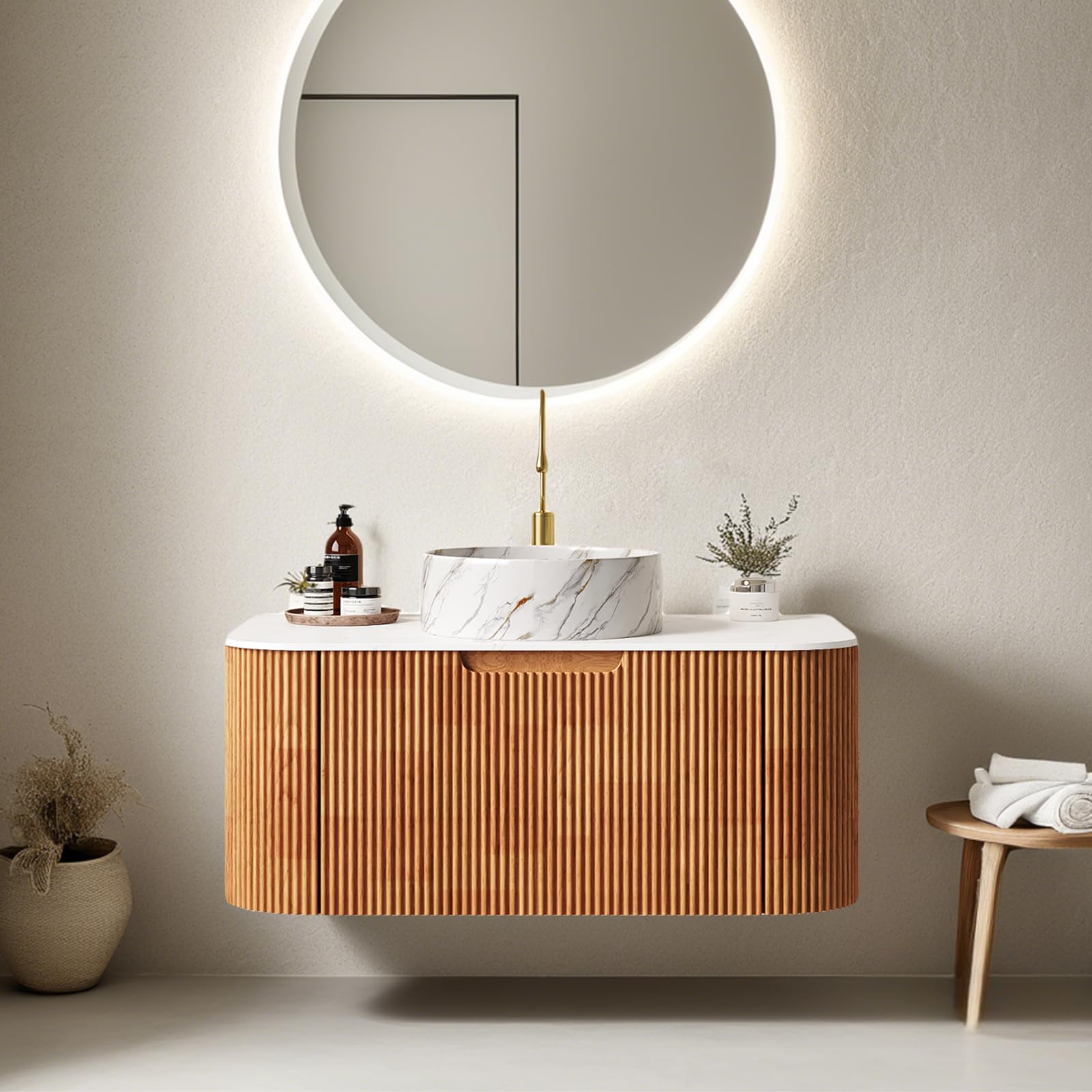 24-Inch Modern Bathroom Vanity with Sink, Floating Cabinet with Ultra-Thin Ceramic Basin and Marble Top, Extra Large Storage Drawer, Soft-Close Design, Nature Wood