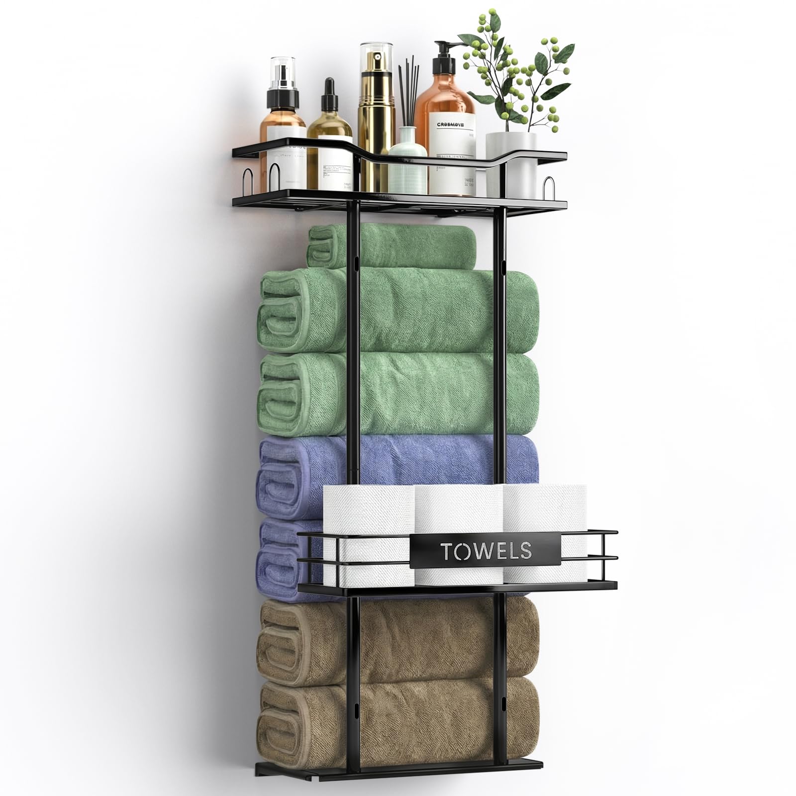Towel Racks for Bathroom, 30inch Wall Mounted Towel Rack, Towel Storage for Small Bathroom Can Holds 6 Large Towels, Floating Shelf with Adjustable Tissue Basket(Black).