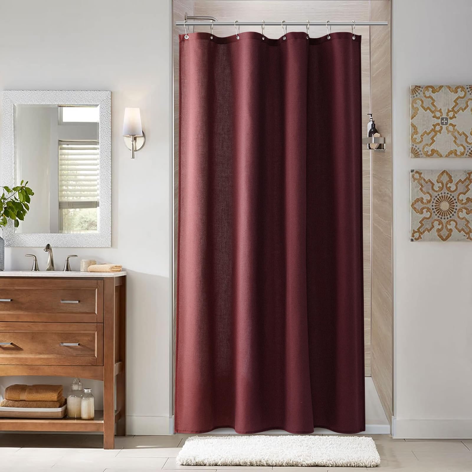 Naturoom Natural Linen Shower Curtain, Country Boho Farmhouse Bath Decor Beige Shower Curtains for Bathroom Neutral Cloth Weighted Textured Fabric Bath Curtain Liner with Hooks, Cream, 72 Inch