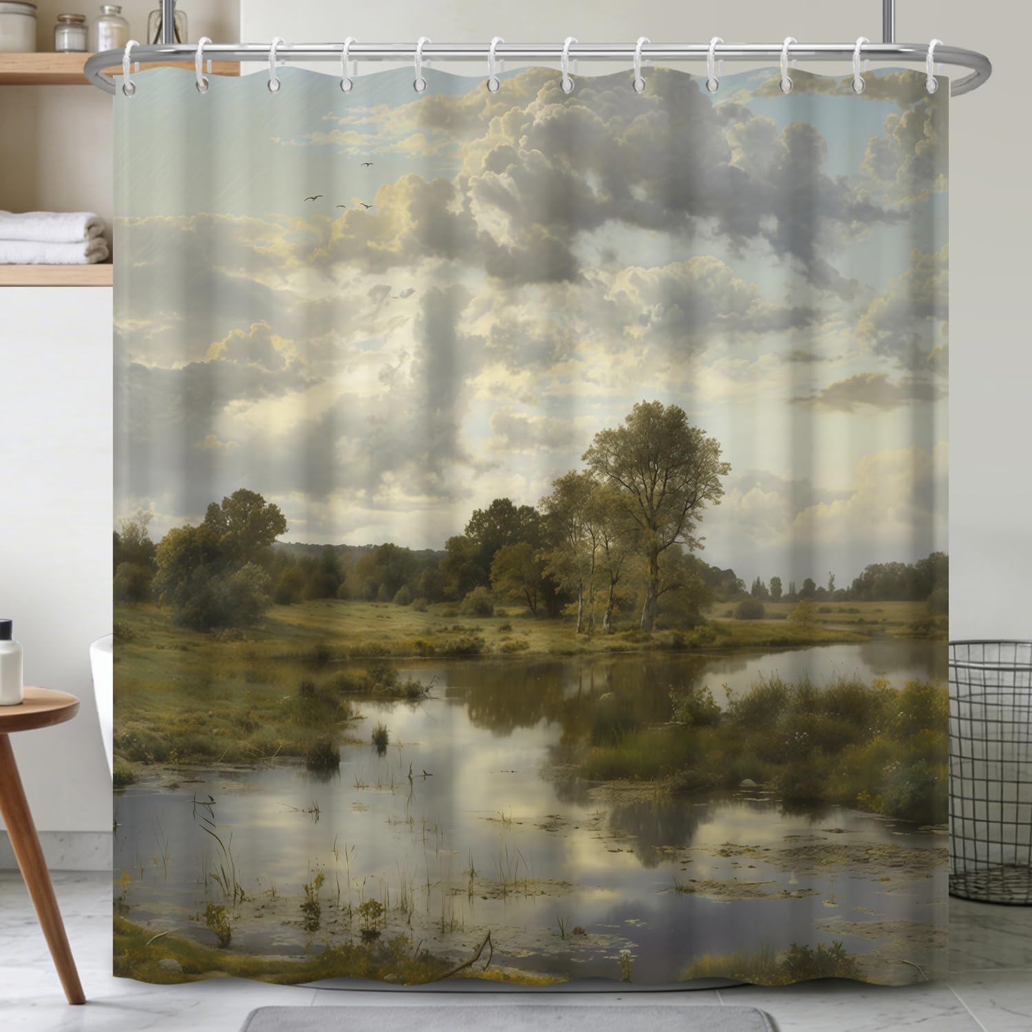 Birch Tree Shower Curtain 71x74 Inch – Woodland Forest Watercolor Landscape Print Waterproof Bathroom Curtain with Rust-Proof Hooks for Farmhouse Rustic Scandinavian Bath Decor