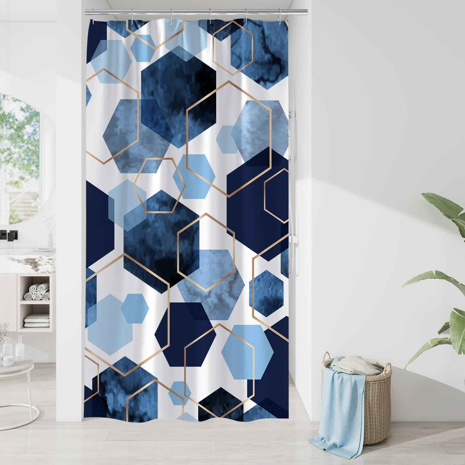 Litabel Blue Shower Curtain Set, Modern Geometric Art Decor Waterproof Bath Curtain, Abstract Fabric Shower Curtain for Bathroom, 72x72 Inch