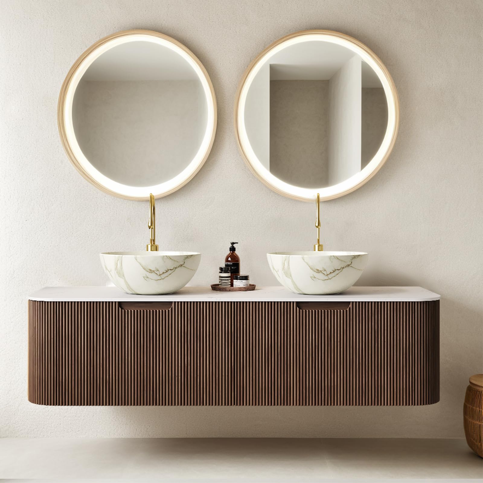 24-Inch Modern Bathroom Vanity with Sink, Floating Cabinet with Ultra-Thin Ceramic Basin and Marble Top, Extra Large Storage Drawer, Soft-Close Design, Nature Wood