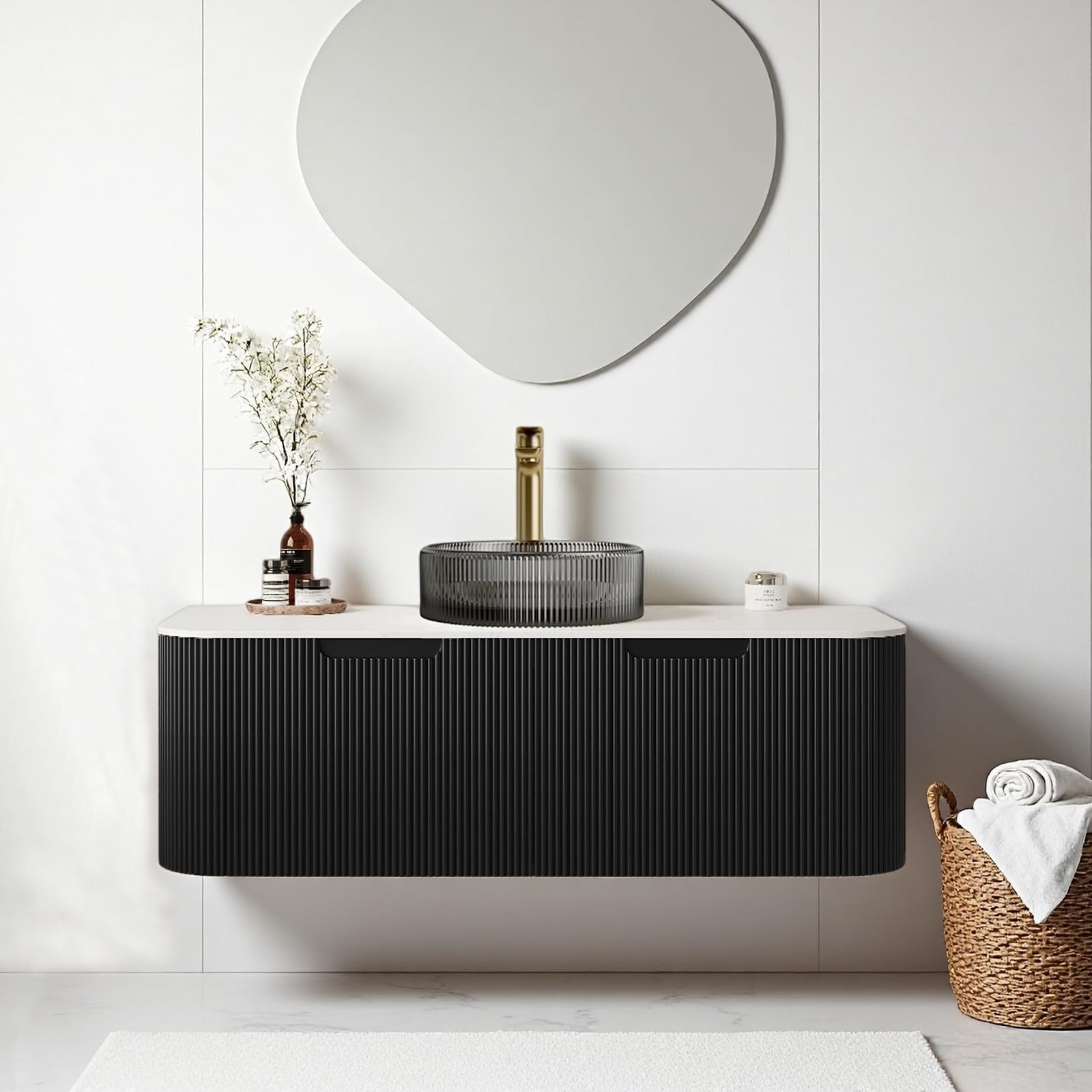 24-Inch Modern Bathroom Vanity with Sink, Floating Cabinet with Ultra-Thin Ceramic Basin and Marble Top, Extra Large Storage Drawer, Soft-Close Design, Nature Wood