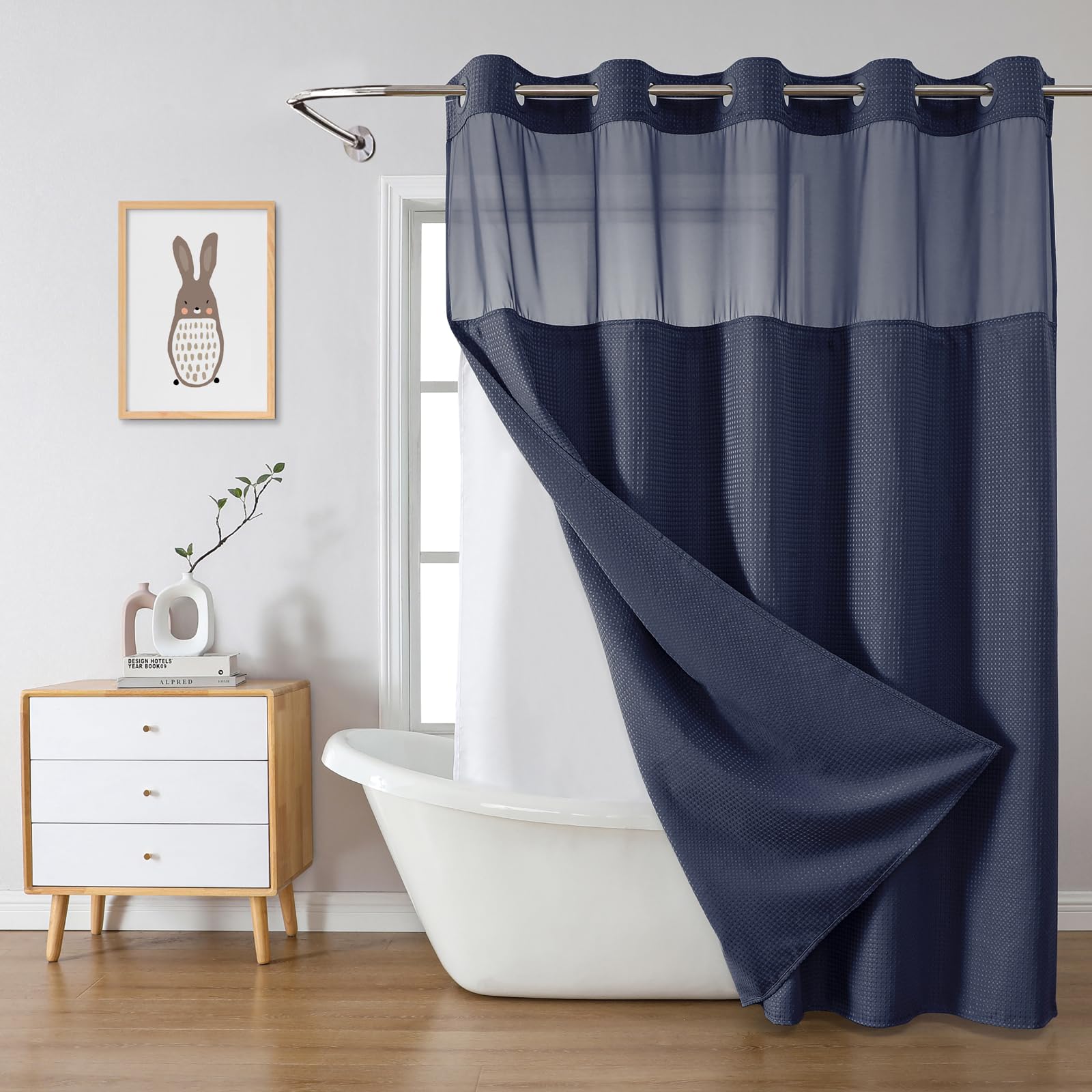 eachope BurntOrange Extra Long No Hook Waffle Weave Shower Curtain with snap-in Liner Replacement, 230GSM Waterproof Fabric Hotel Shower Curtain Set for Bathroom, Through Mesh Top Window,71Wx86H